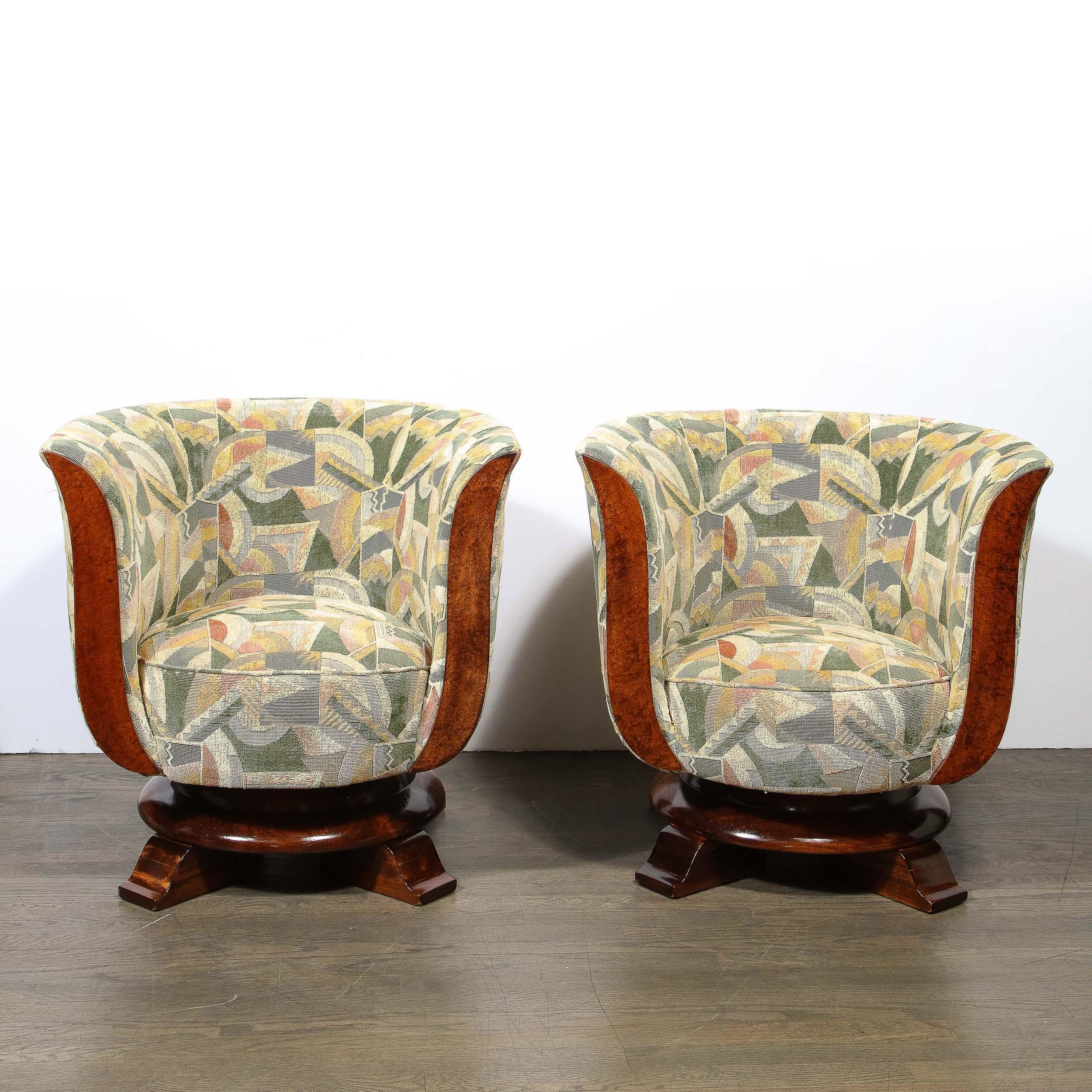 Pair of Art Deco Tulip Chairs in Burled Walnut and Clarence House Fabric 9