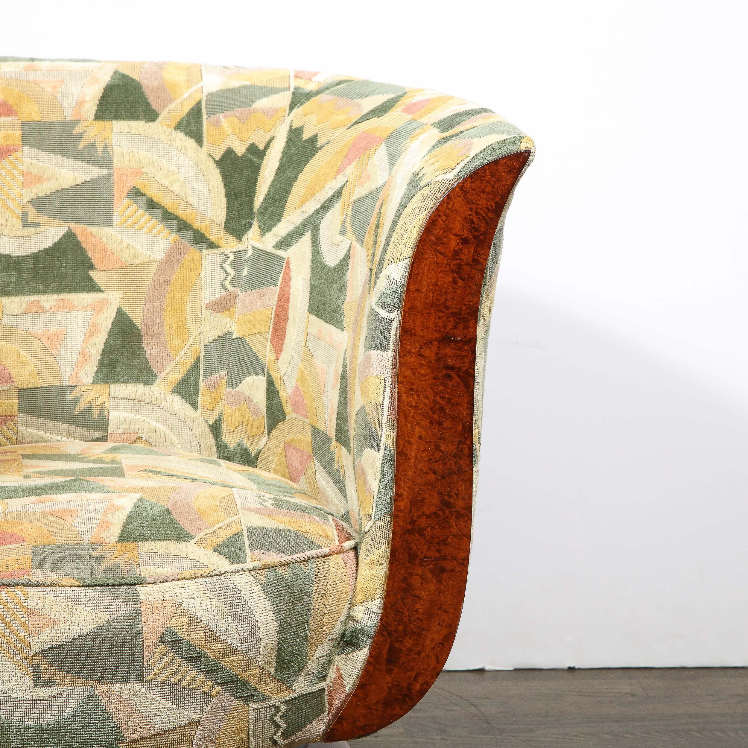 Belgian Pair of Art Deco Tulip Chairs in Burled Walnut and Clarence House Fabric