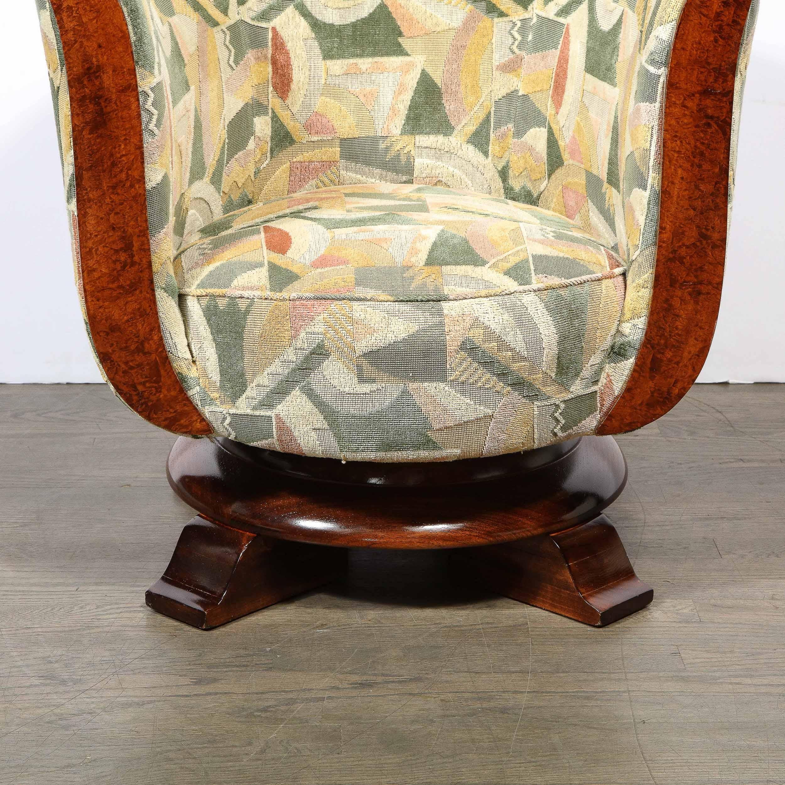 Pair of Art Deco Tulip Chairs in Burled Walnut and Clarence House Fabric In Excellent Condition In New York, NY