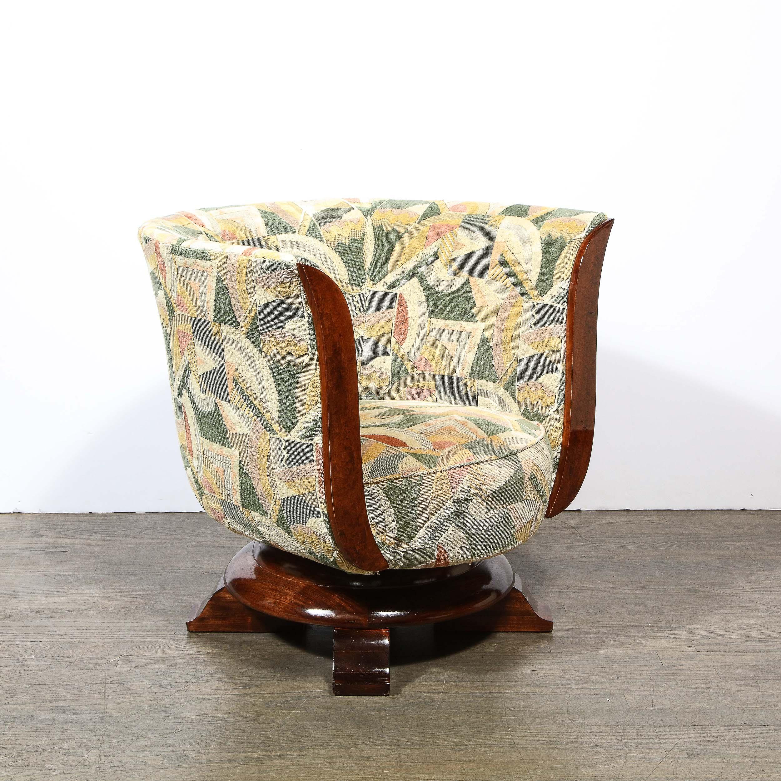 Mid-20th Century Pair of Art Deco Tulip Chairs in Burled Walnut and Clarence House Fabric