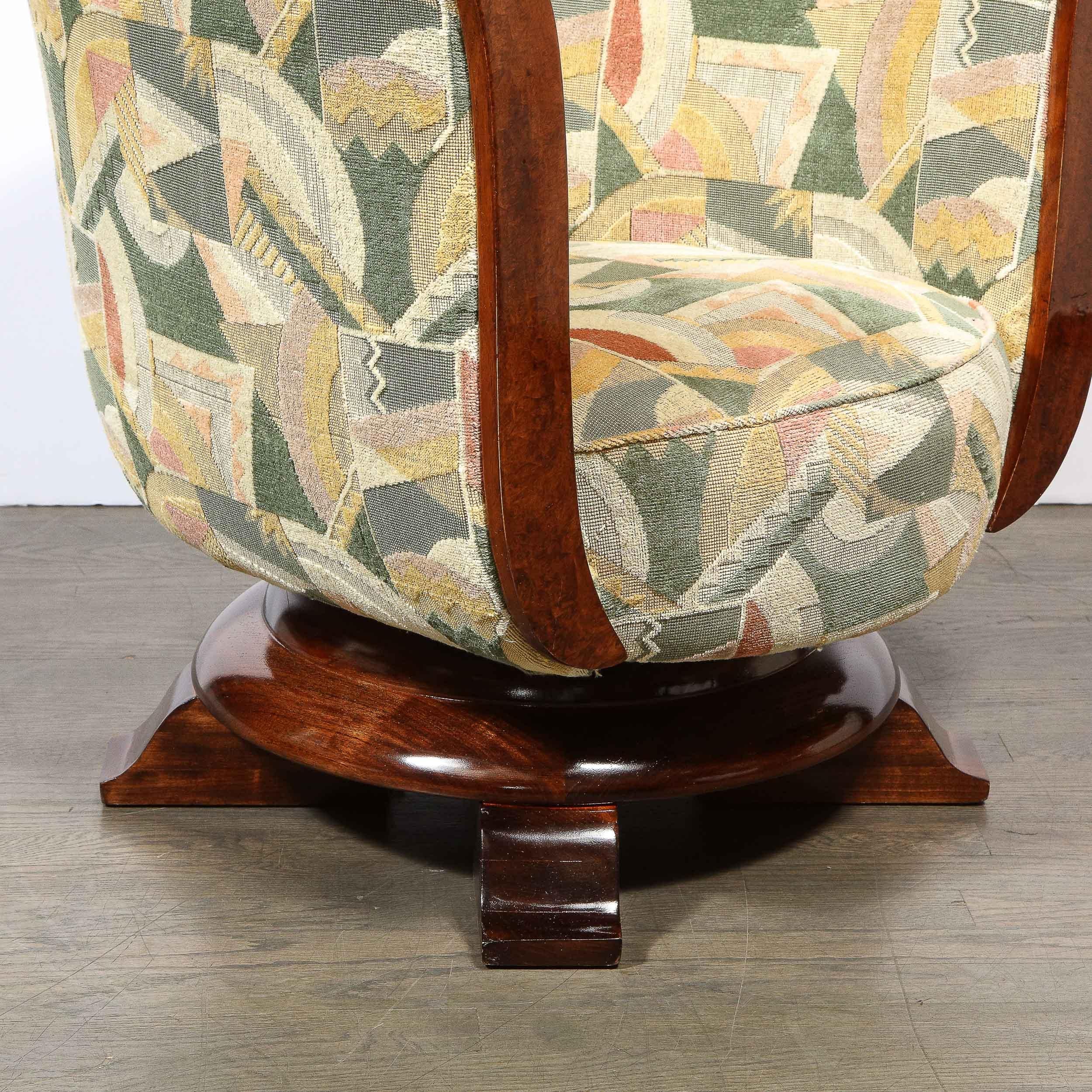 Pair of Art Deco Tulip Chairs in Burled Walnut and Clarence House Fabric 1