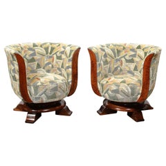 Pair of Art Deco Tulip Chairs in Burled Walnut and Clarence House Fabric