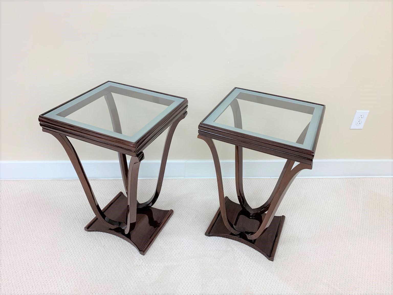 American Pair of  Elegant Art Deco Tulip Shaped Glass Top End Tables C.1930's
