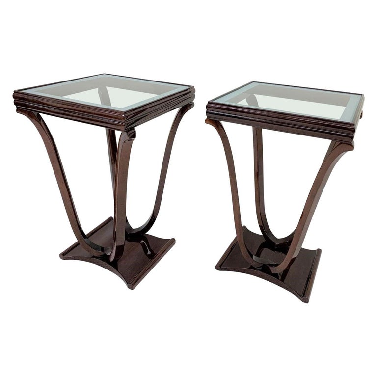 Pair of Elegant Art Deco Tulip Shaped Glass Top End Tables C.1930's at