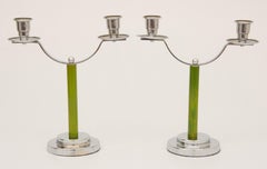 Pair of Art Deco Twin Branch Candlesticks with Green Bakelite Columns
