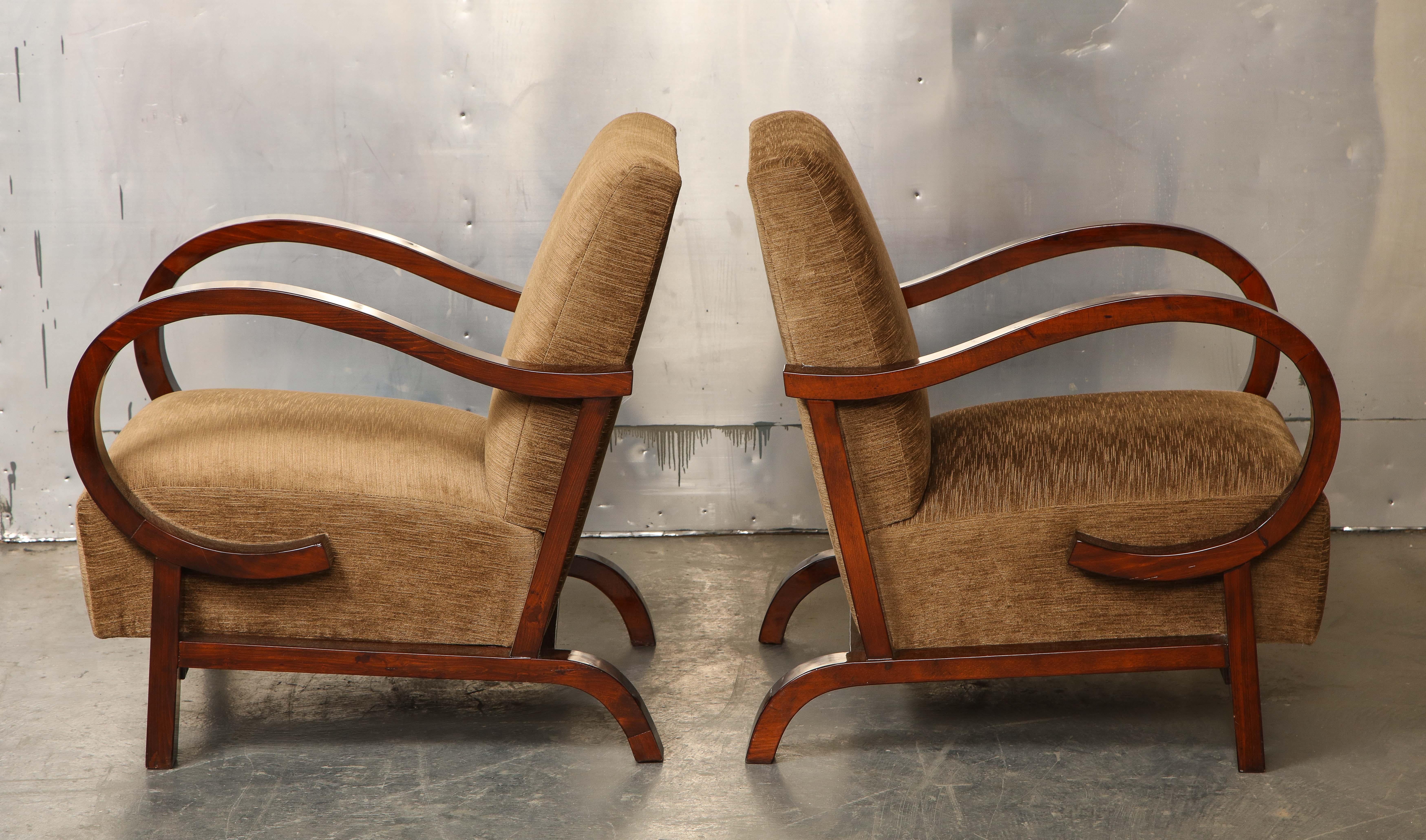 Softwood Pair of Art Deco Upholstered Armchairs For Sale