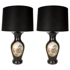 Pair of Art Deco Urn Form Black Bisque Glaze Table Lamps with Pastoral Scene