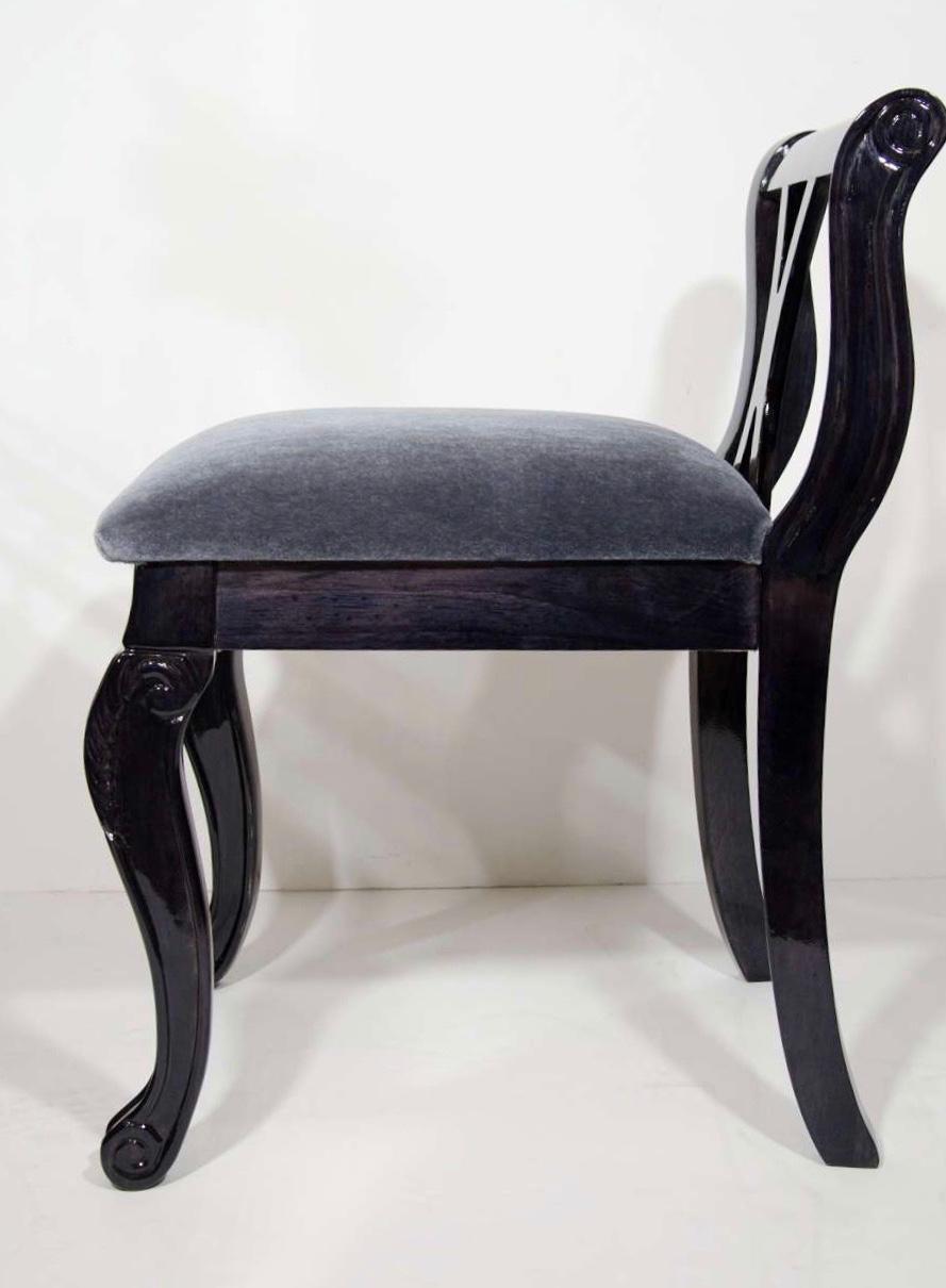 American Pair of Art Deco Vanity Chairs in Mohair and Ebonized Walnut