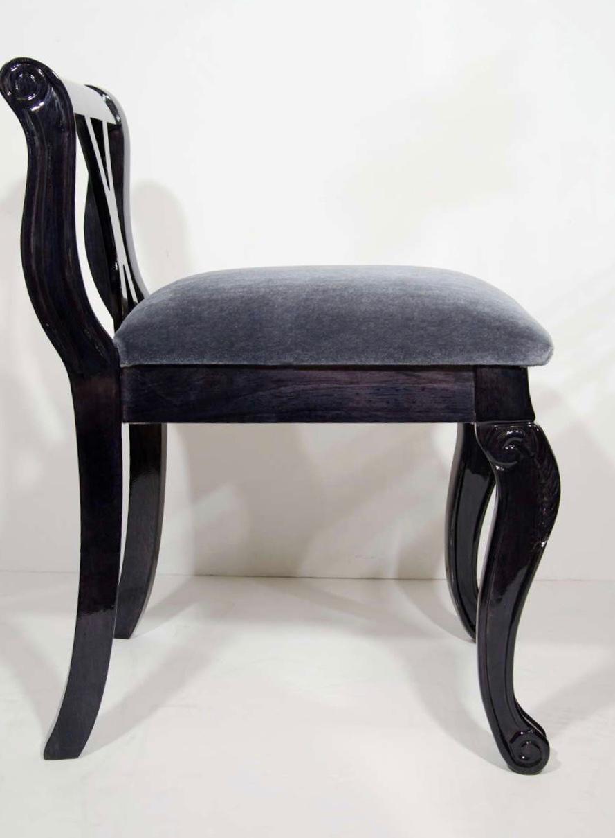 Mid-20th Century Pair of Art Deco Vanity Chairs in Mohair and Ebonized Walnut