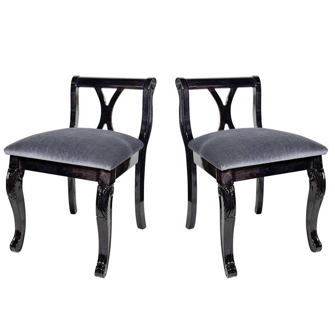 Pair of Art Deco Vanity Chairs in Mohair and Ebonized Walnut