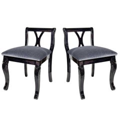 Pair of Art Deco Vanity Chairs in Mohair and Ebonized Walnut