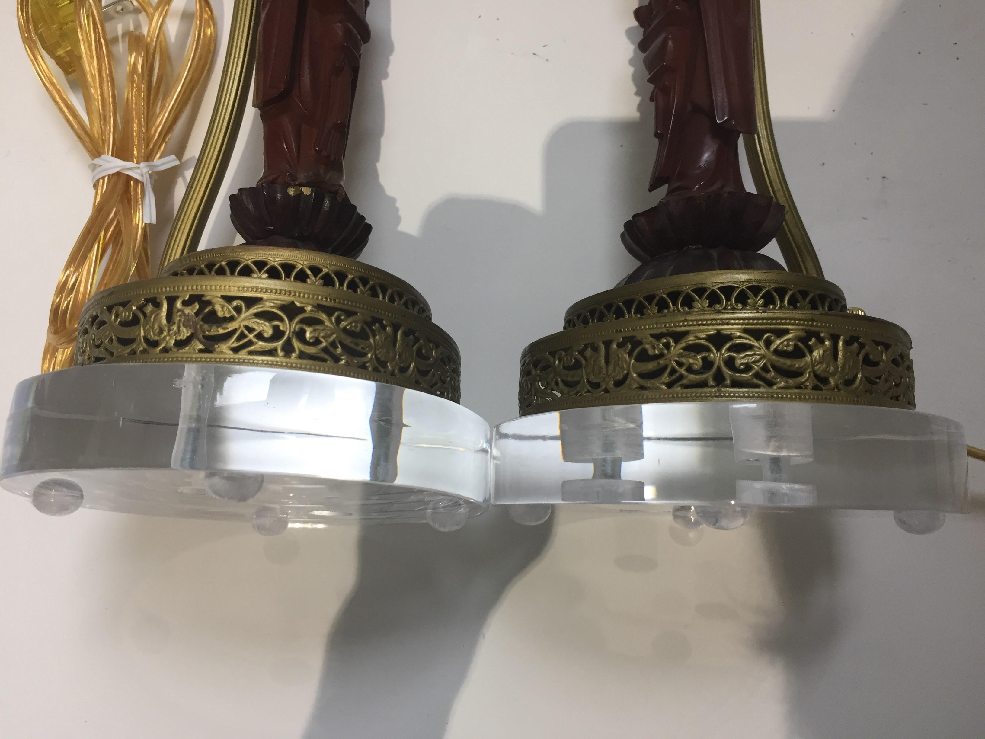 Pair of Art Deco Vanity Table Lamps with Quan Yin Figures For Sale 6