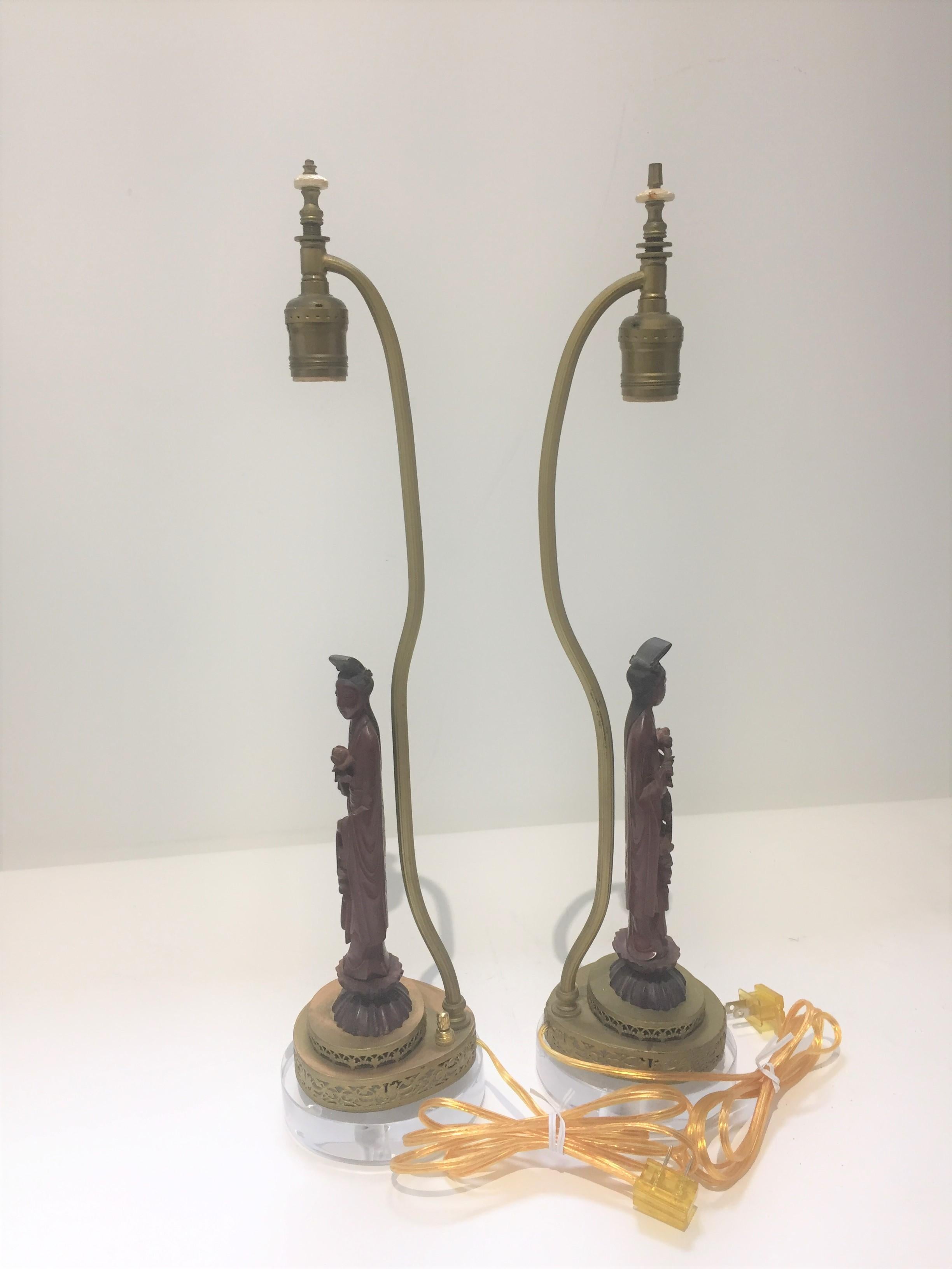 American Pair of Art Deco Vanity Table Lamps with Quan Yin Figures For Sale
