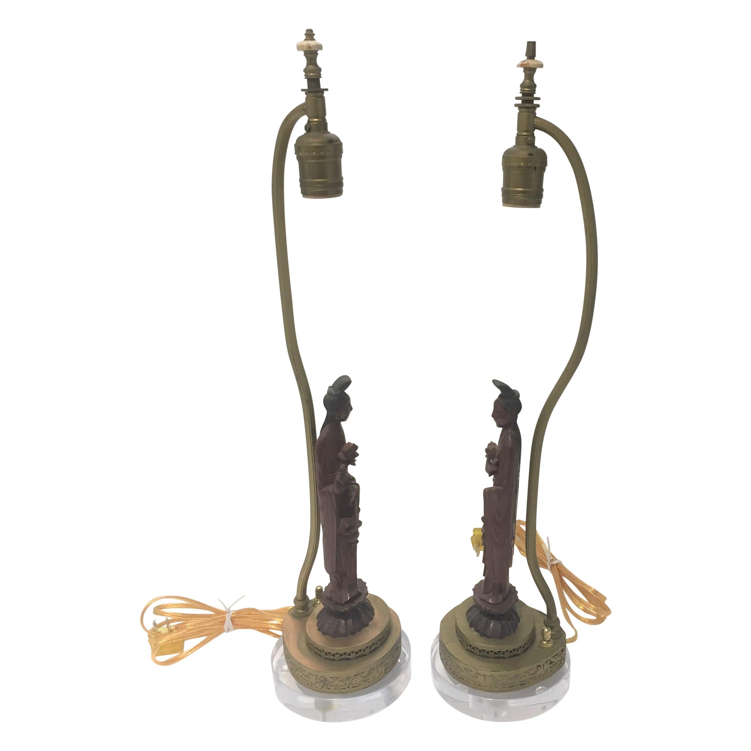 Pair of Art Deco Vanity Table Lamps with Quan Yin Figures For Sale