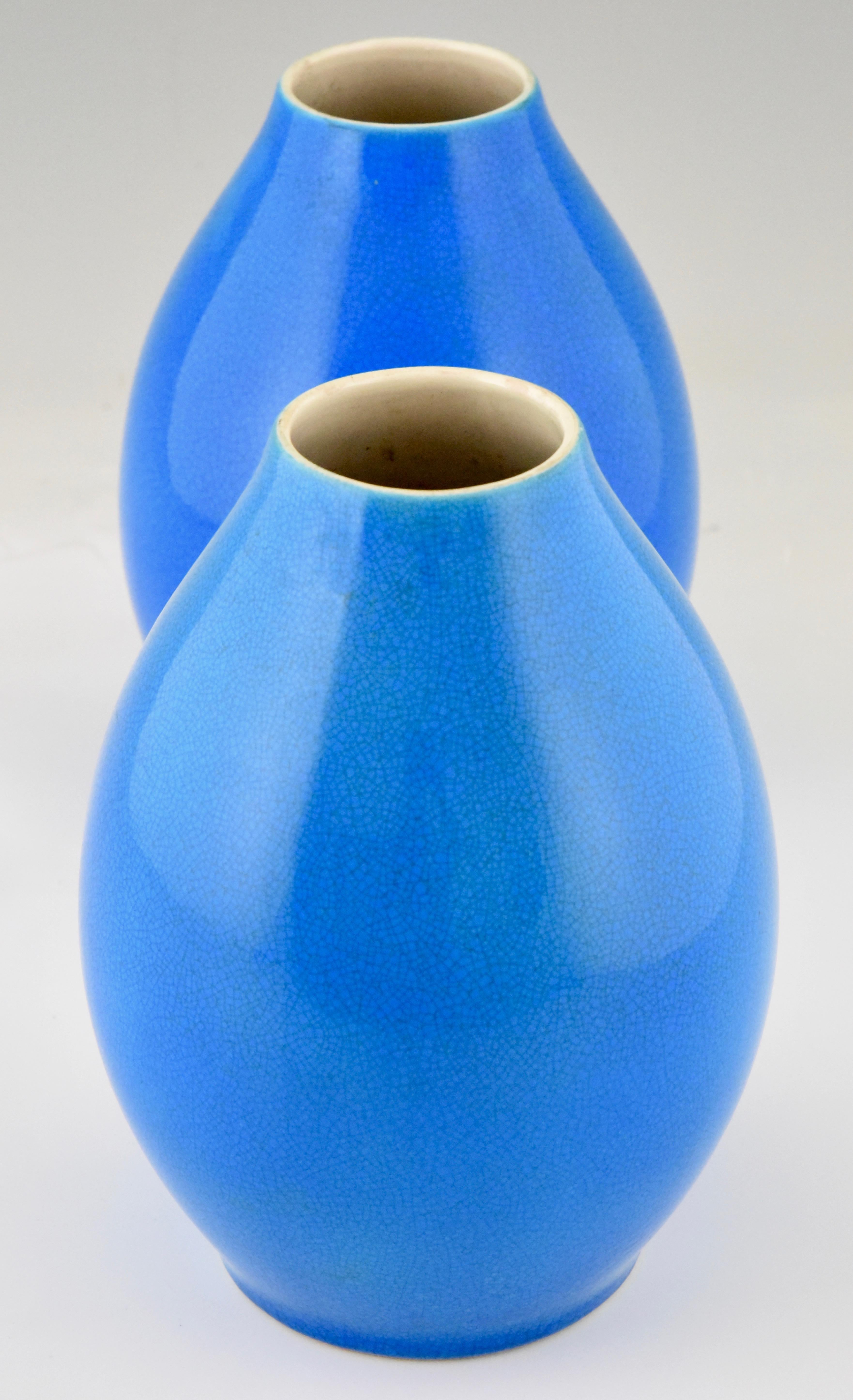 Pair of Art Deco Vases Blue Crackled Ceramic Catteau Boch Freres, 1925 5