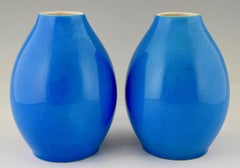 Pair of Art Deco Vases Blue Crackled Ceramic Catteau Boch Freres, 1925