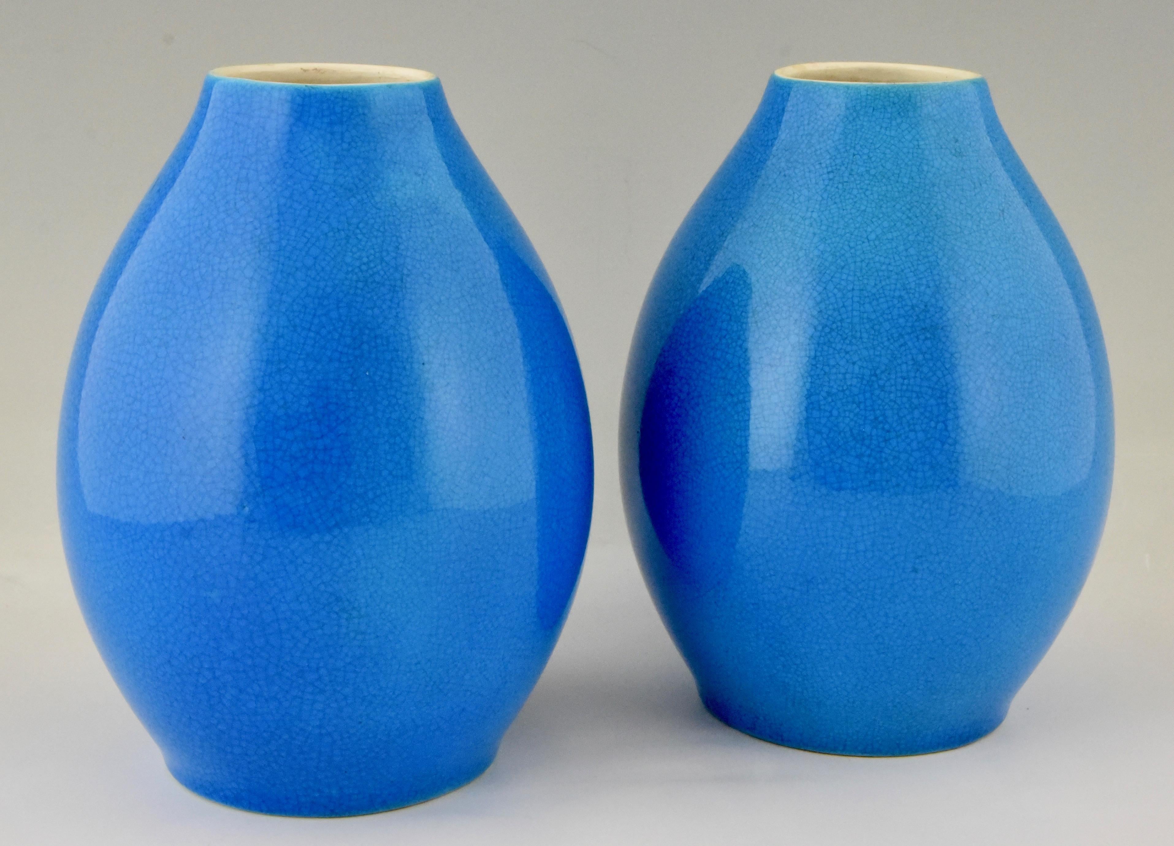French Pair of Art Deco Vases Blue Crackled Ceramic Catteau Boch Freres, 1925