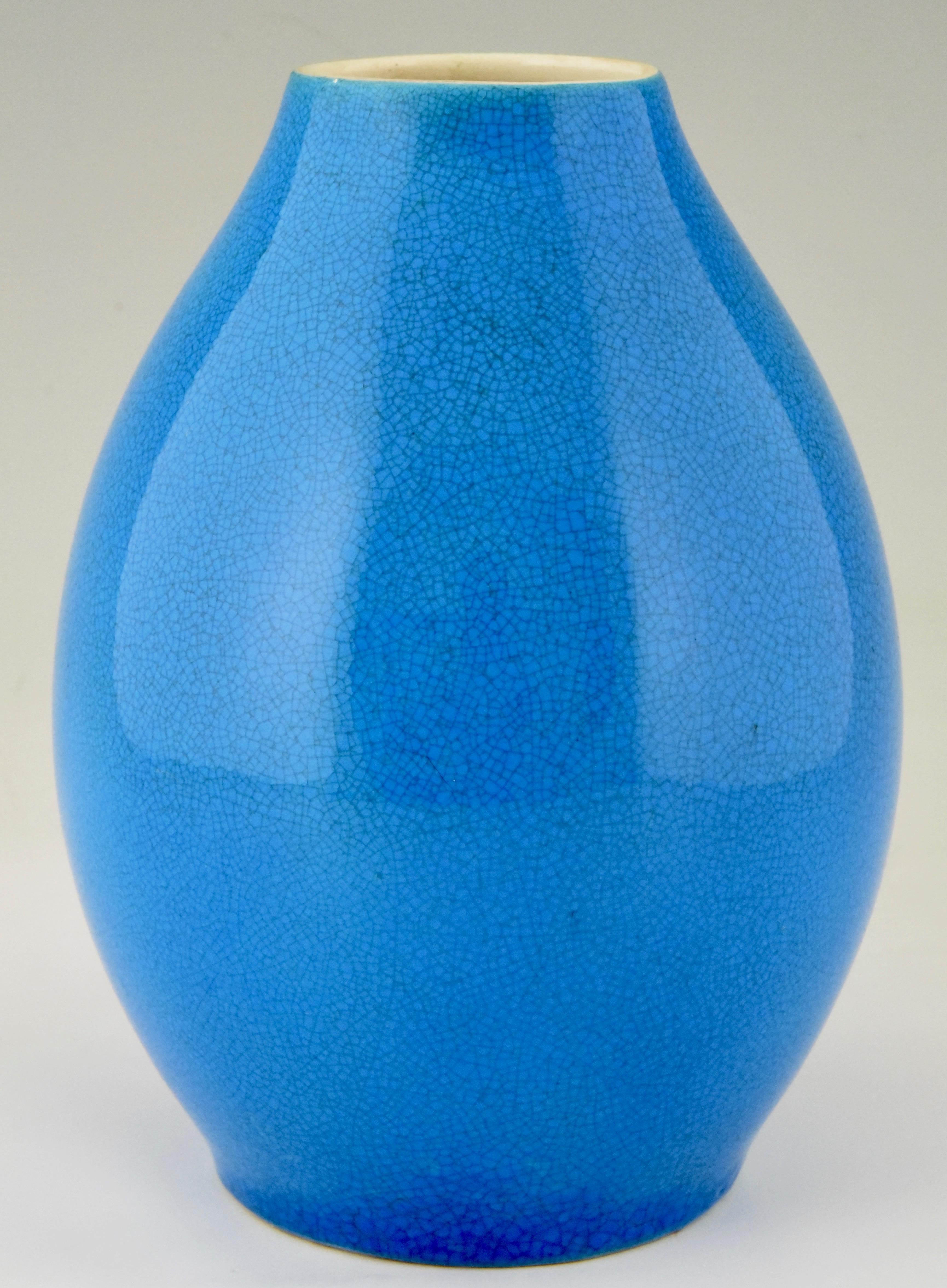 20th Century Pair of Art Deco Vases Blue Crackled Ceramic Catteau Boch Freres, 1925