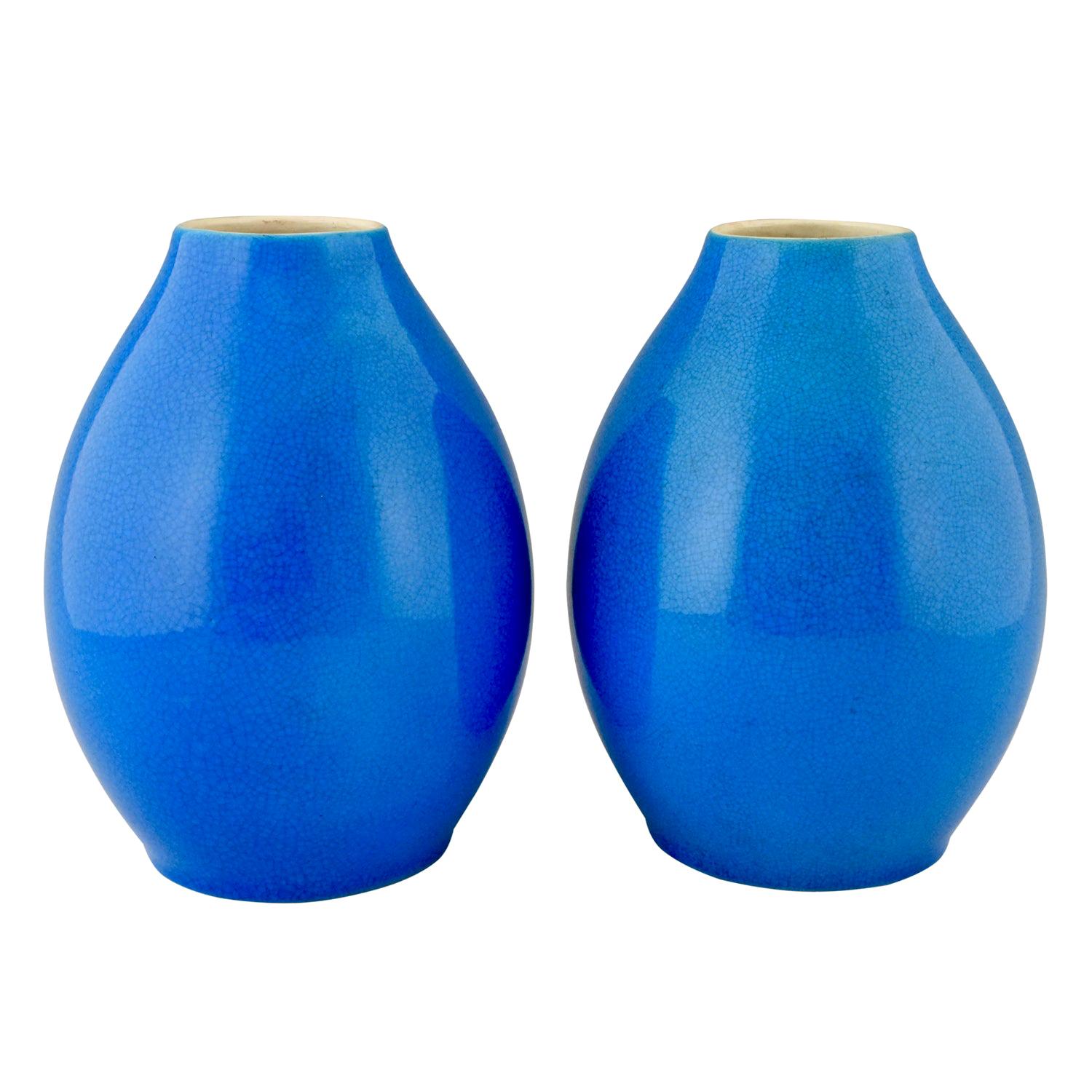 Pair of Art Deco Vases Blue Crackled Ceramic Catteau Boch Freres, 1925