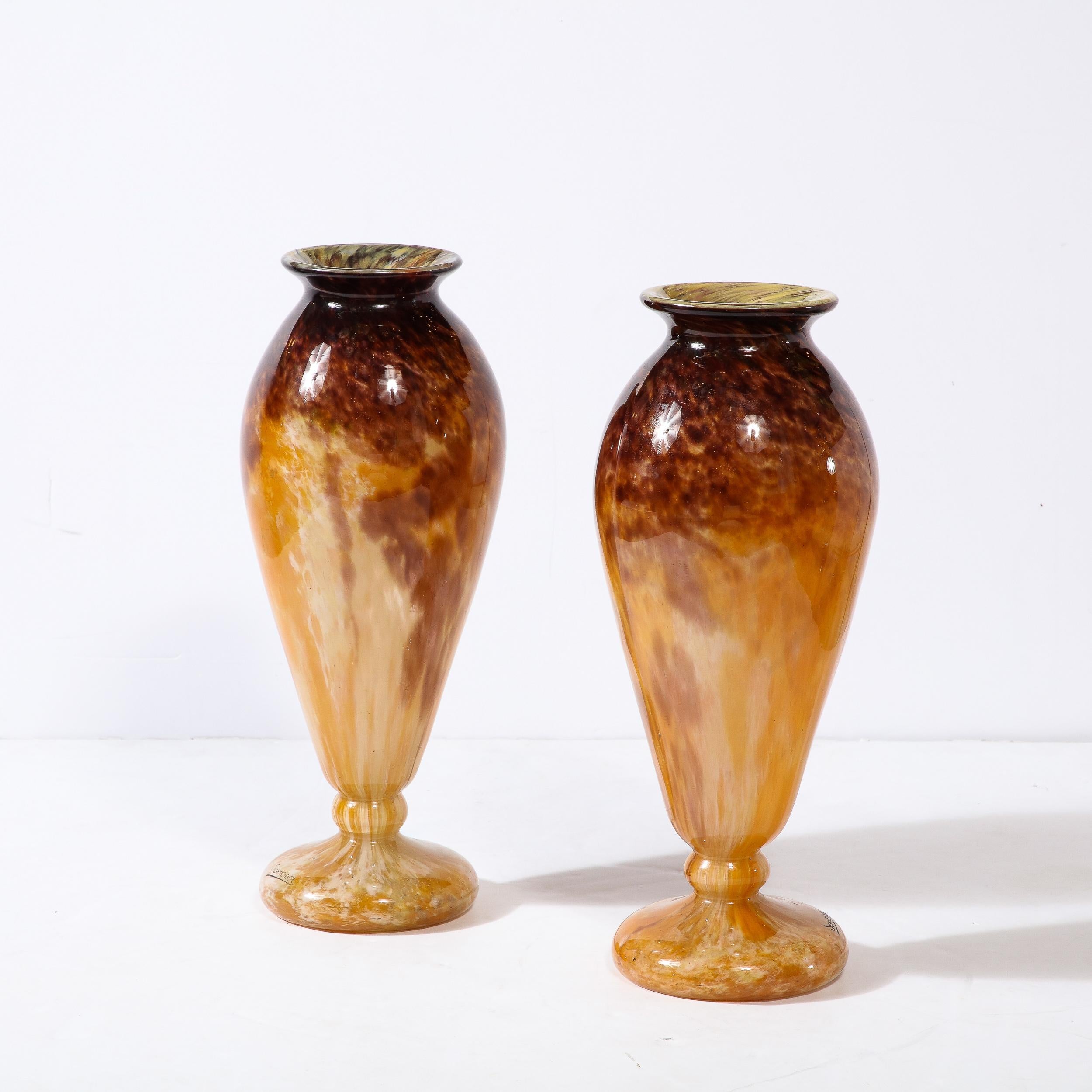 Pair of Art Deco Vases in Smoked Amethyst & Amber Hued Glass by Schneider In Excellent Condition For Sale In New York, NY