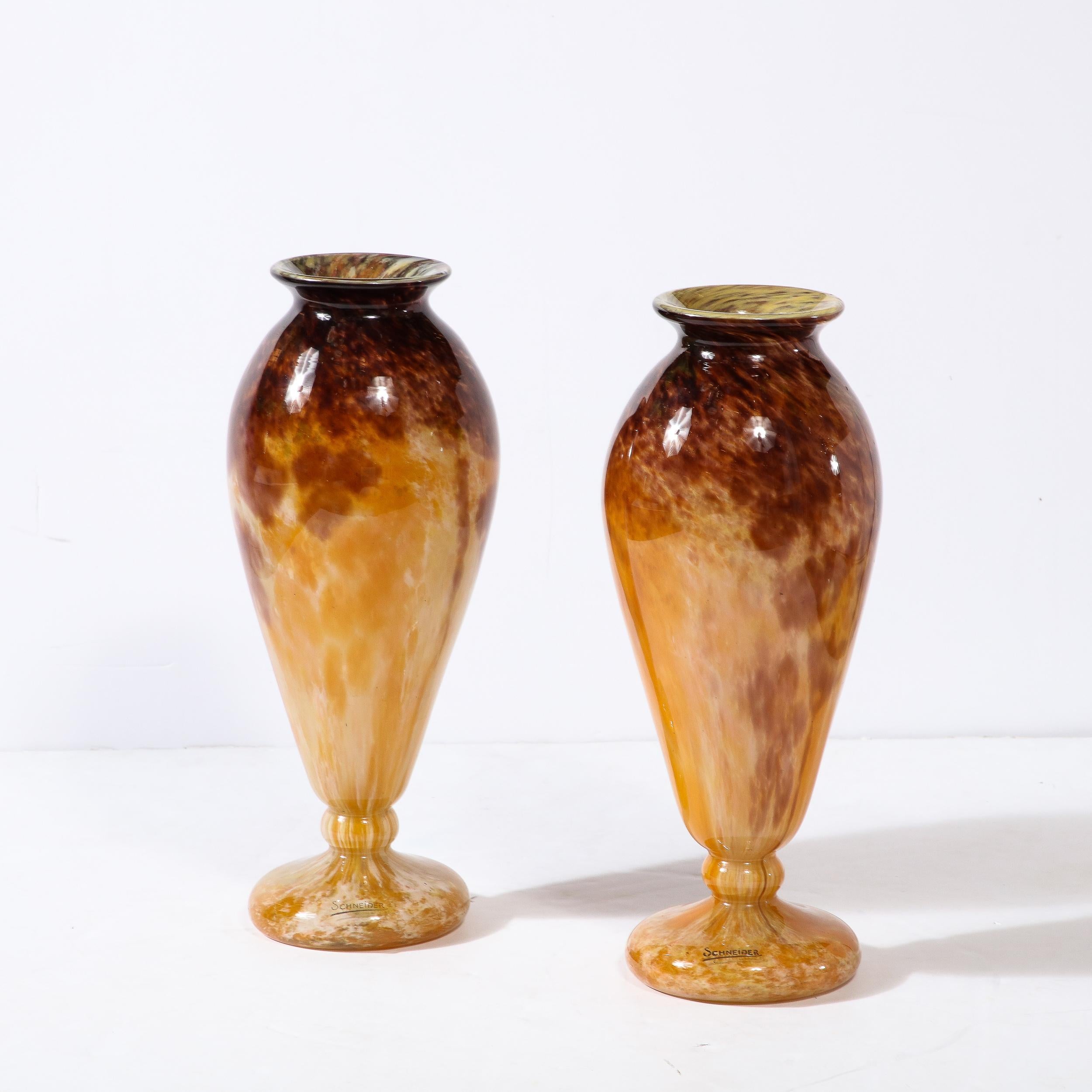 Early 20th Century Pair of Art Deco Vases in Smoked Amethyst & Amber Hued Glass by Schneider For Sale