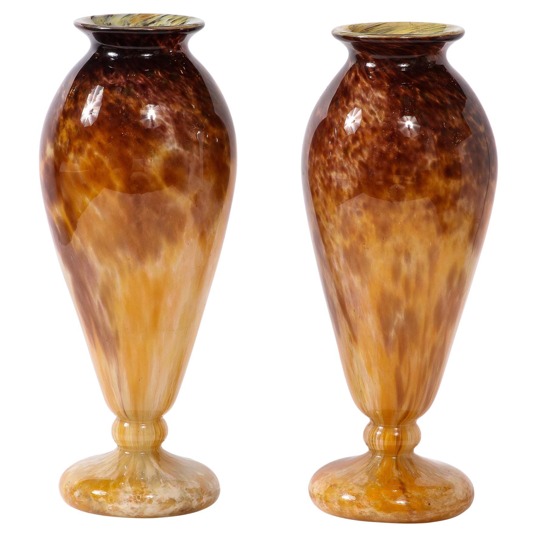 Pair of Art Deco Vases in Smoked Amethyst & Amber Hued Glass by Schneider For Sale