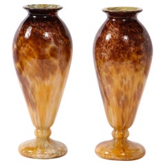 Antique Pair of Art Deco Vases in Smoked Amethyst & Amber Hued Glass by Schneider