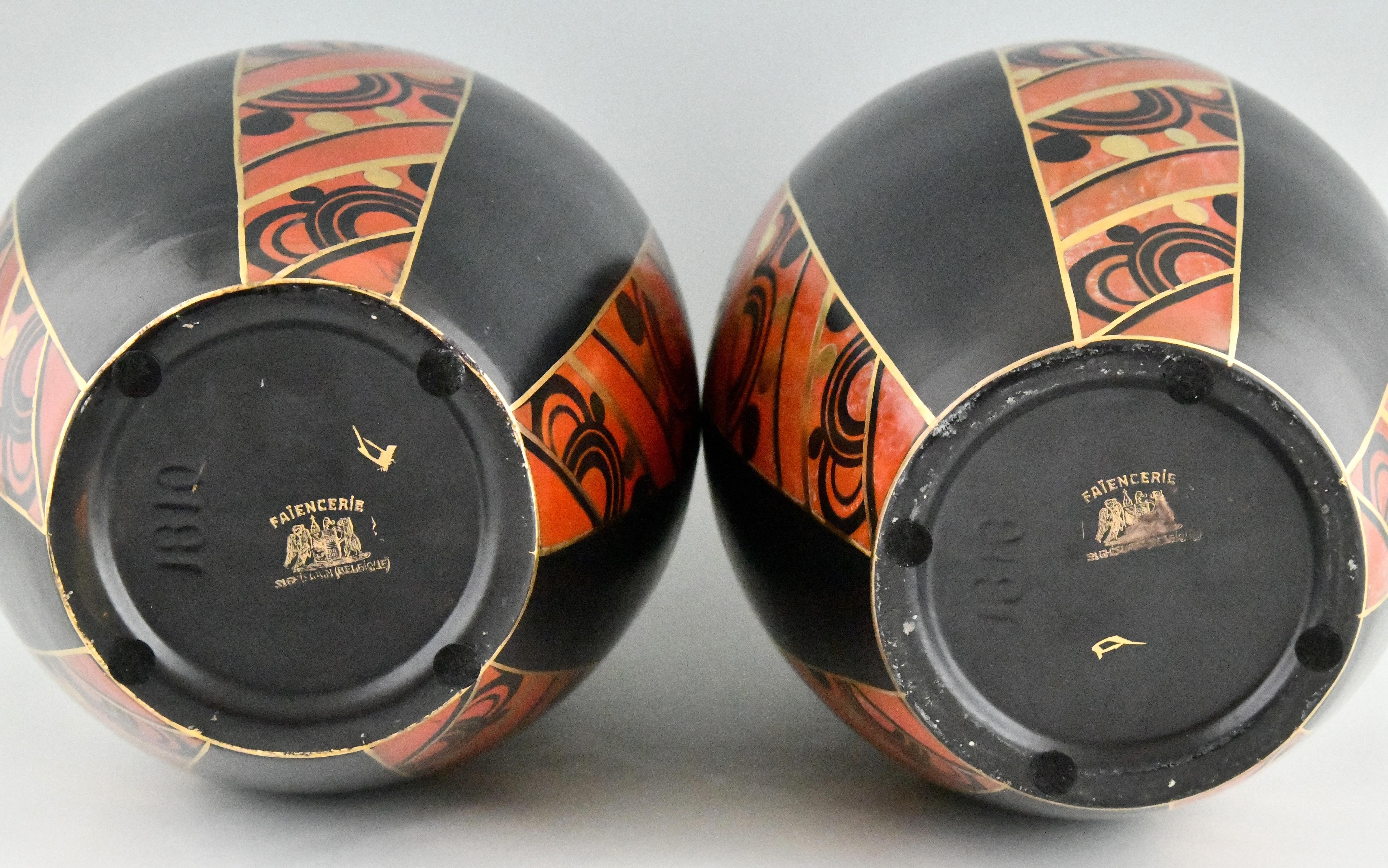 Pair of Art Deco Vases with Geometric Pattern Saint Ghislain, Belgium, 1930 4