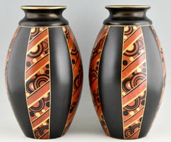 Pair of Art Deco Vases with Geometric Pattern Saint Ghislain, Belgium, 1930