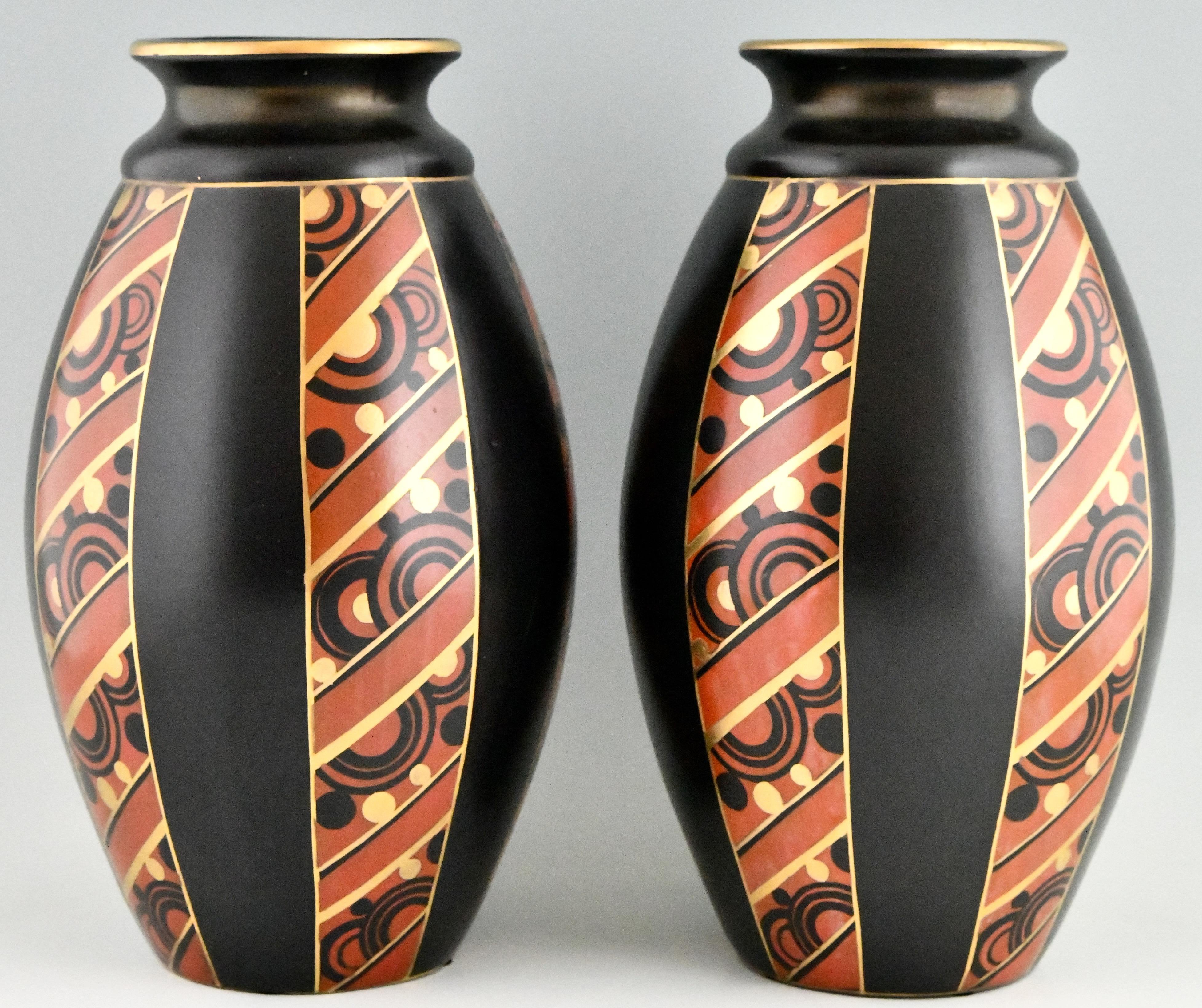 Belgian Pair of Art Deco Vases with Geometric Pattern Saint Ghislain, Belgium, 1930