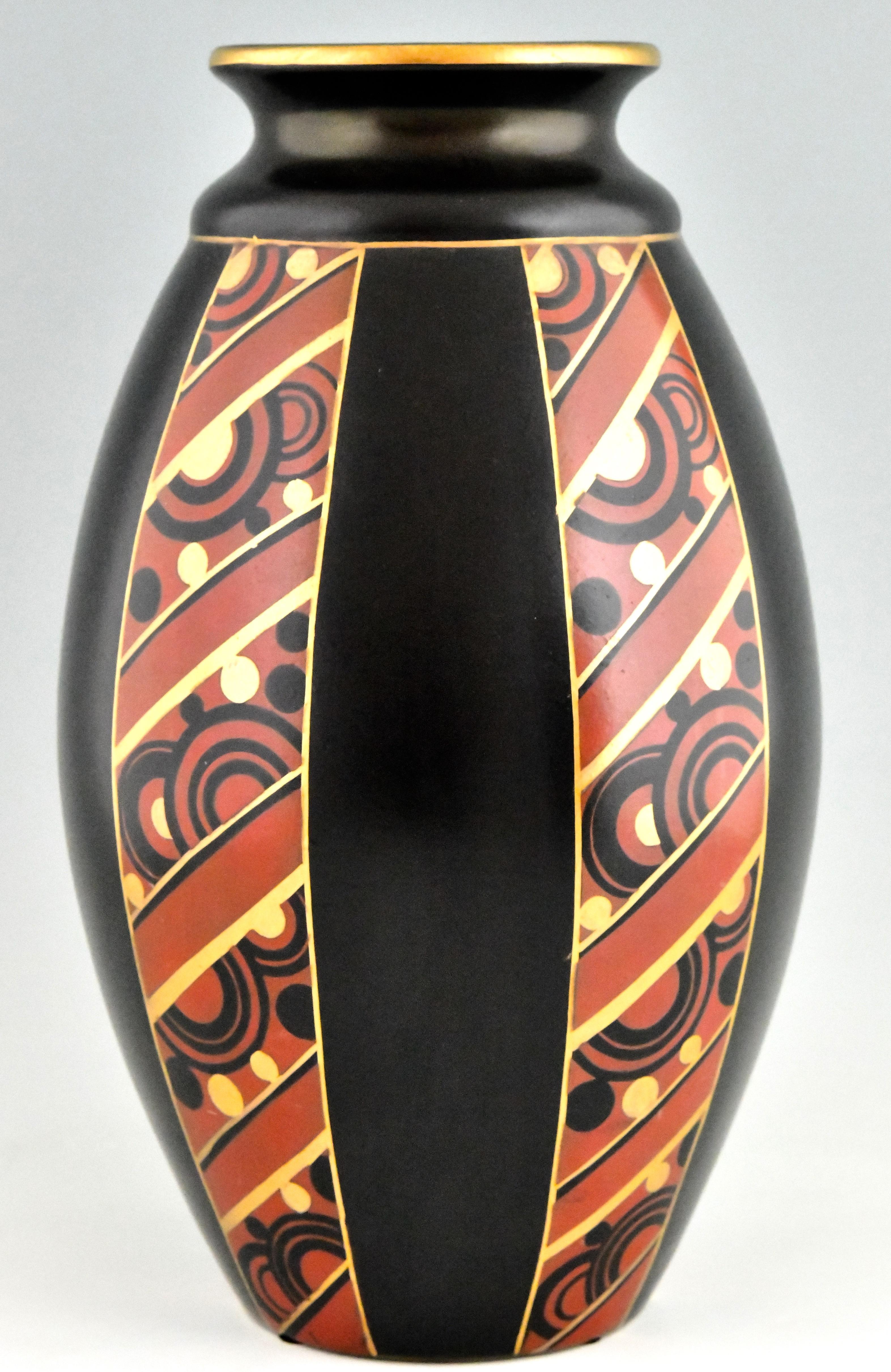 Early 20th Century Pair of Art Deco Vases with Geometric Pattern Saint Ghislain, Belgium, 1930