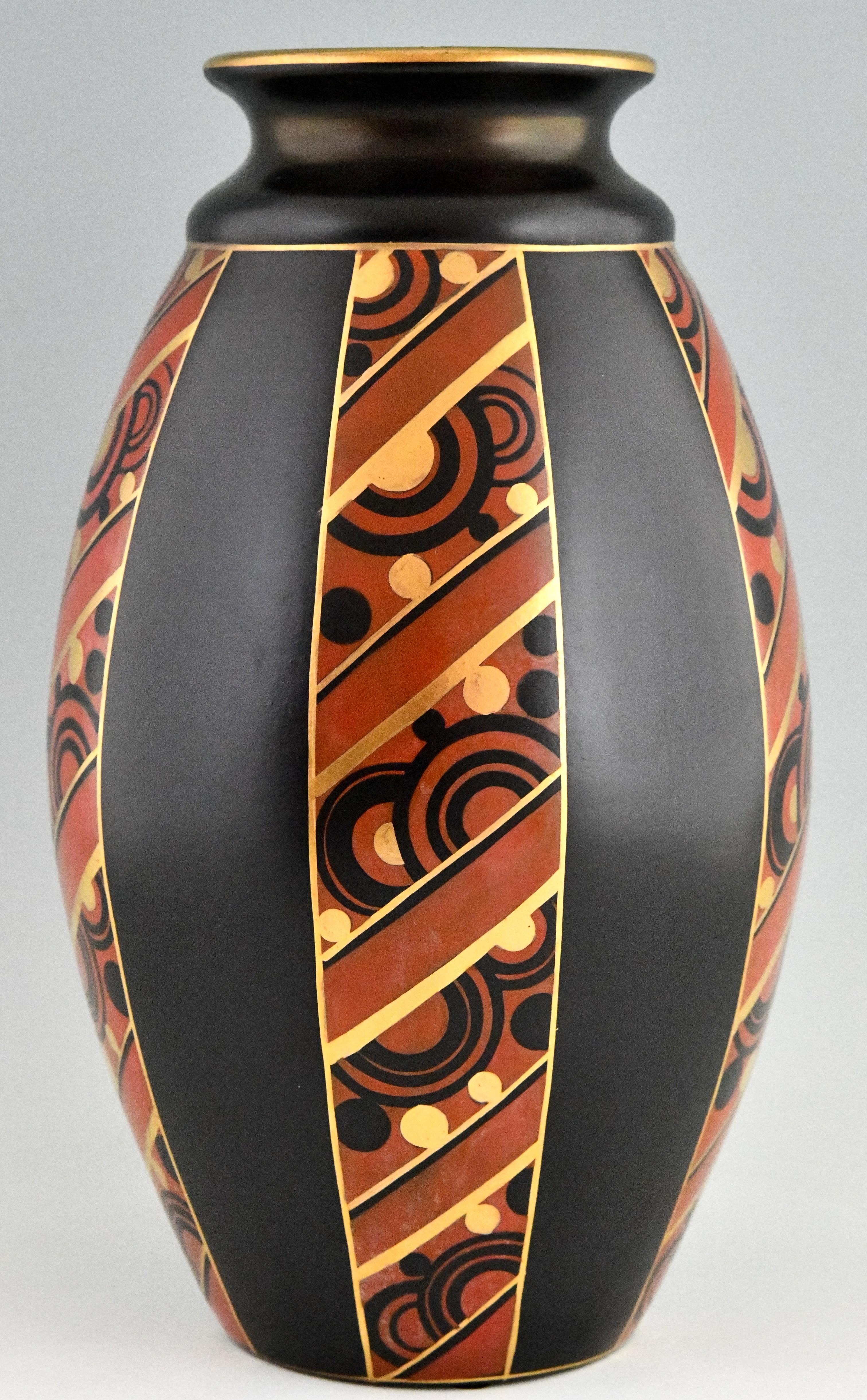 Ceramic Pair of Art Deco Vases with Geometric Pattern Saint Ghislain, Belgium, 1930
