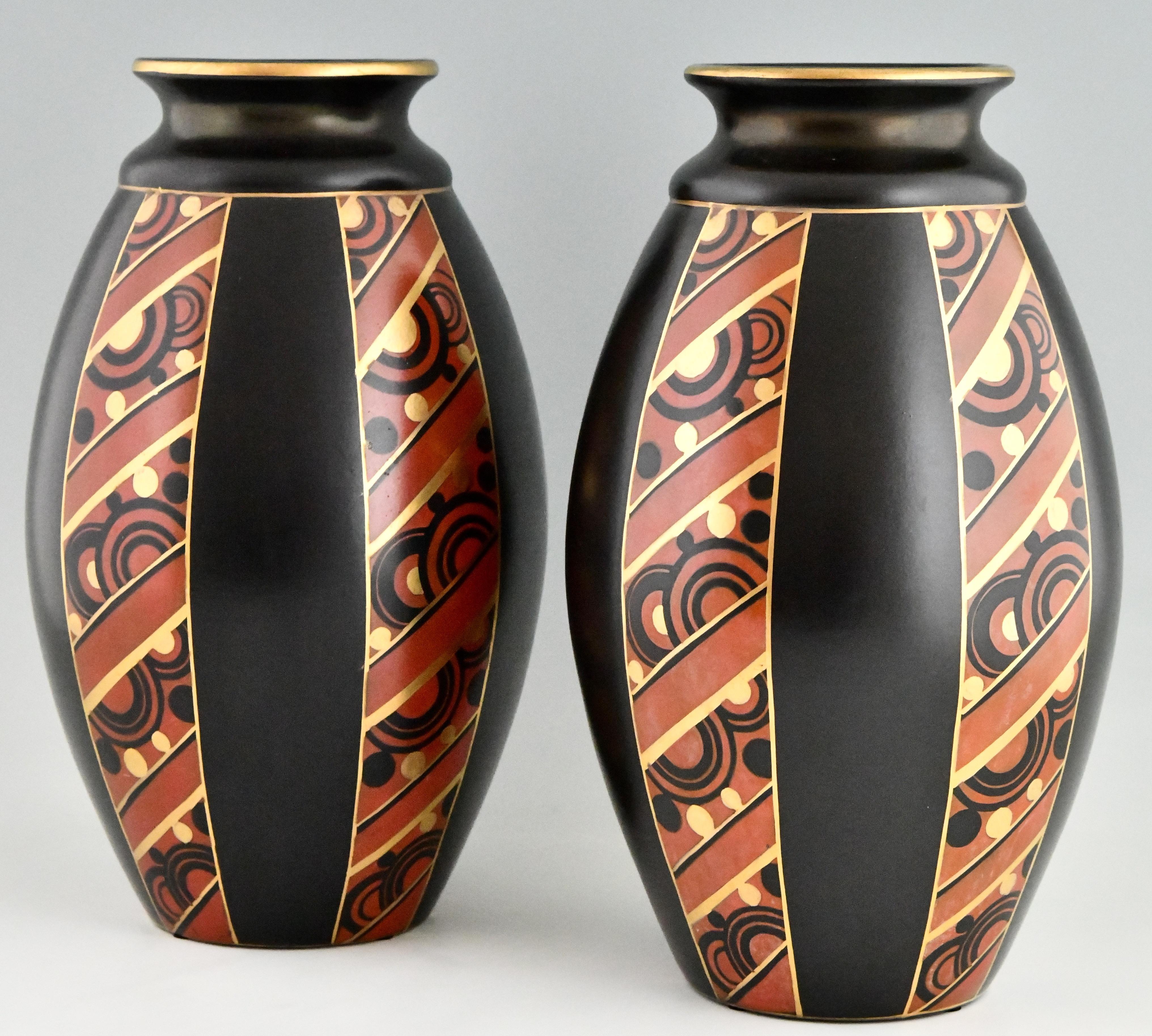 Pair of Art Deco Vases with Geometric Pattern Saint Ghislain, Belgium, 1930 1