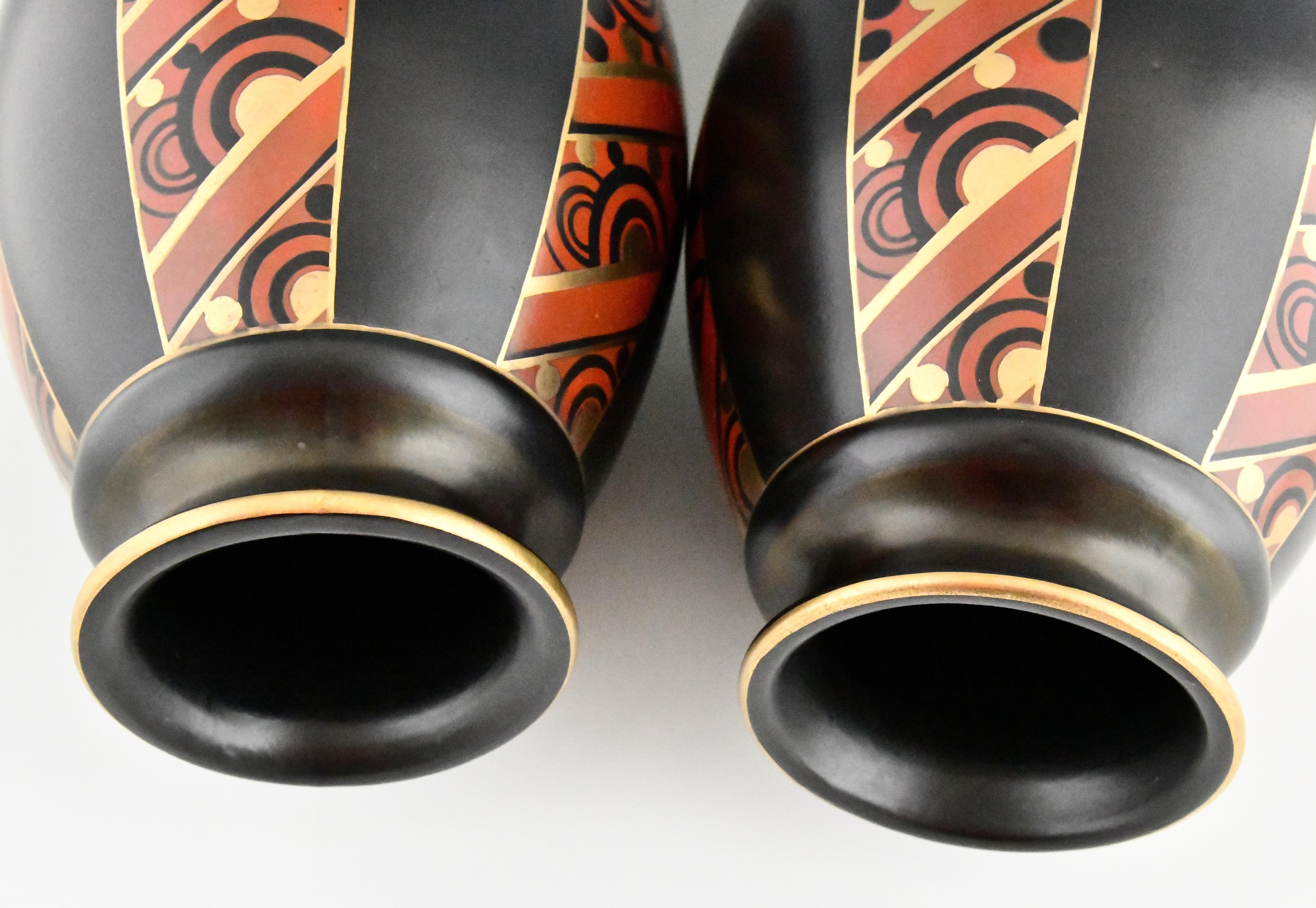 Pair of Art Deco Vases with Geometric Pattern Saint Ghislain, Belgium, 1930 3