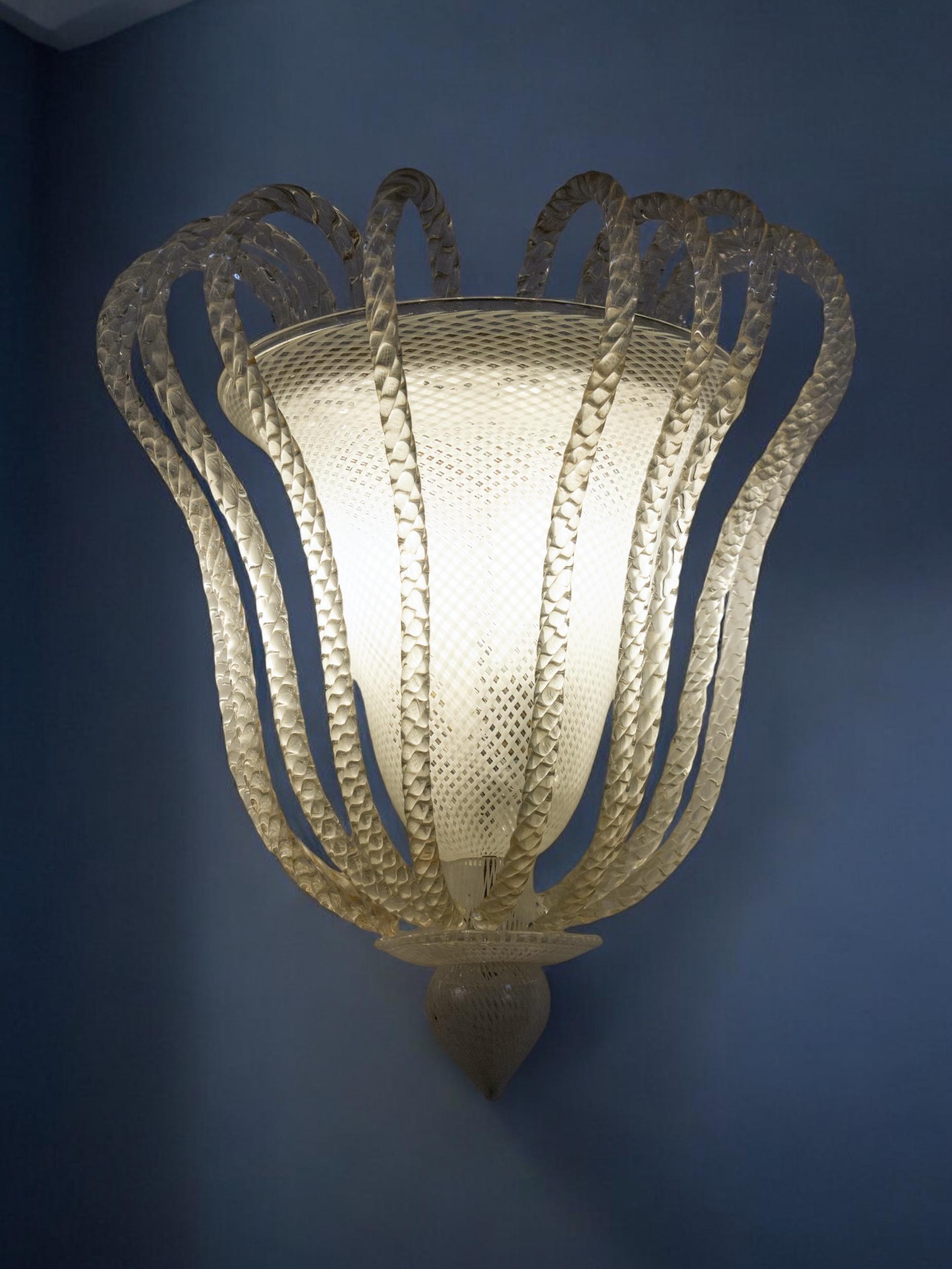 Italian Pair of Art Deco Venini Reticello Murano Glass Sconces 1940s For Sale