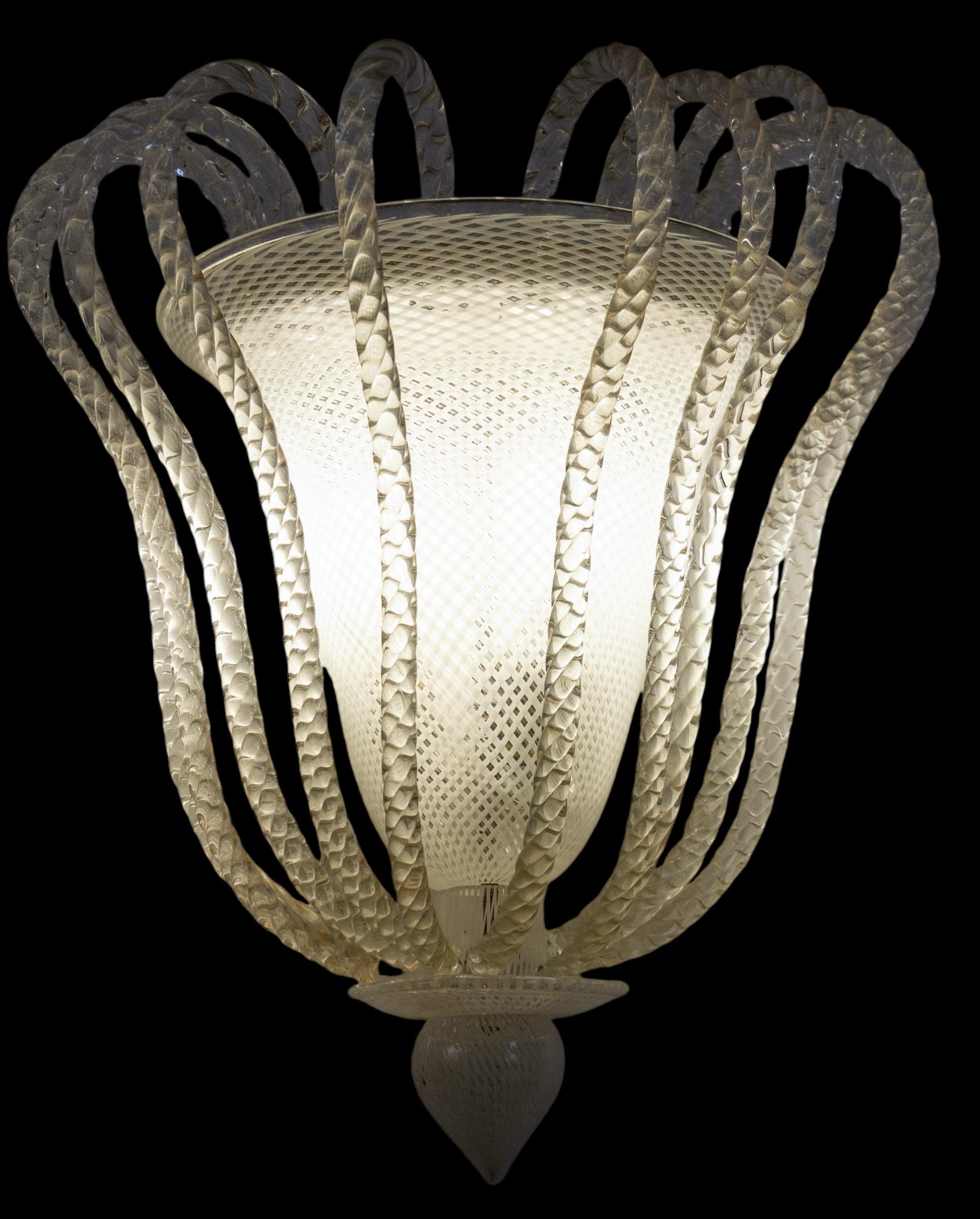 Mid-20th Century Pair of Art Deco Venini Reticello Murano Glass Sconces 1940s For Sale