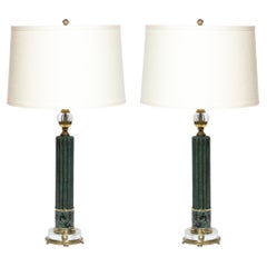 Vintage Pair of Art Deco Verdigris, Brass & Translucent Glass Table Lamps