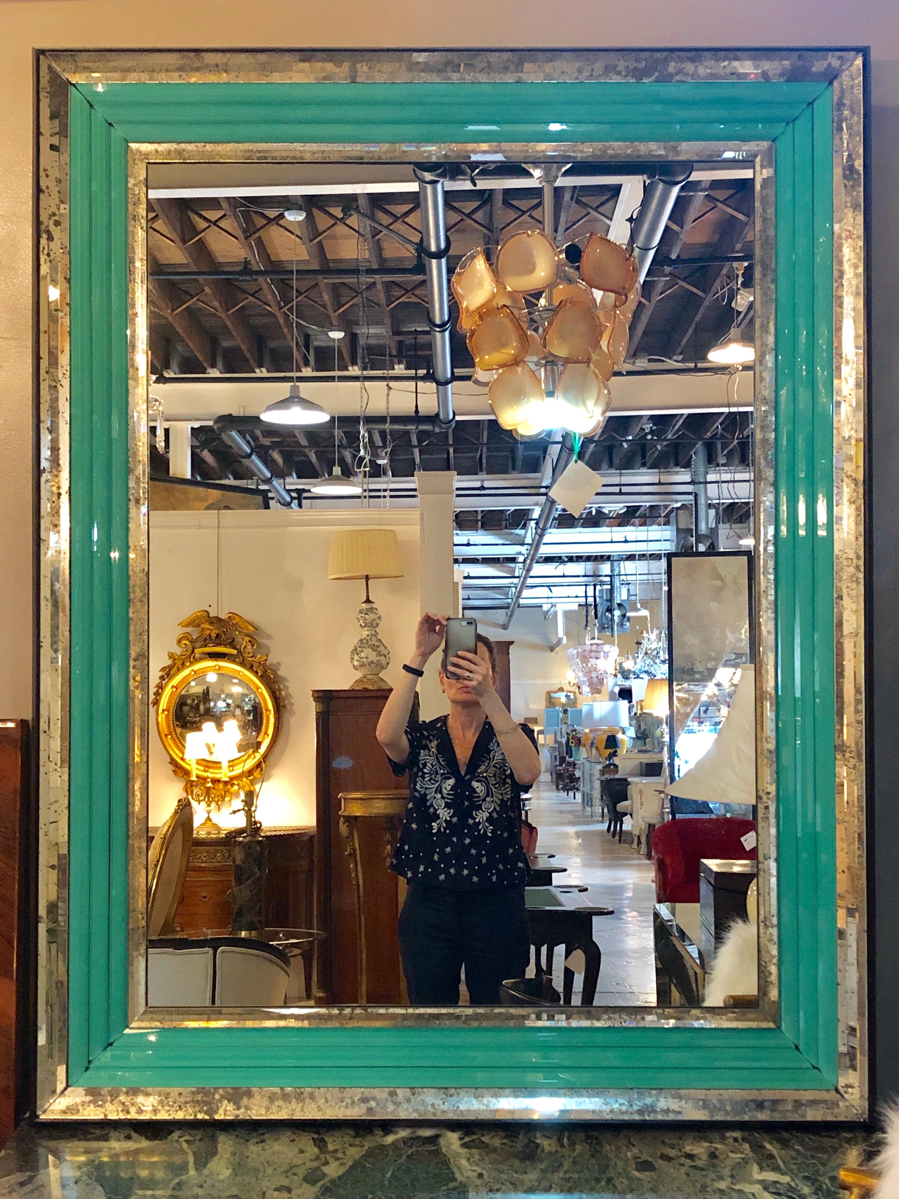Pair of Art Deco Wall, Console or Pier Mirrors with Turquoise Beveled Frames 5