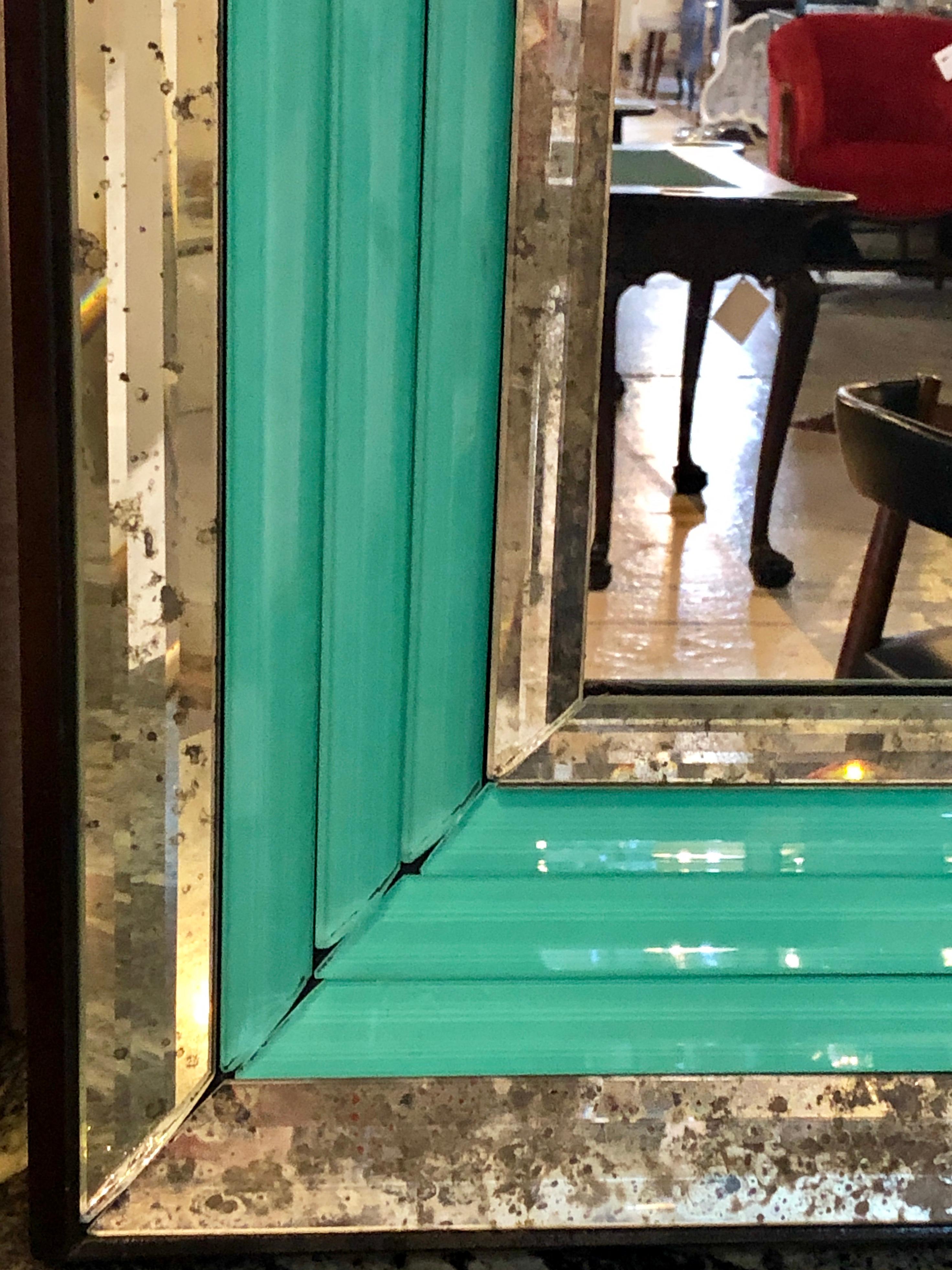 Pair of Art Deco Wall, Console or Pier Mirrors with Turquoise Beveled Frames In Good Condition In Stamford, CT