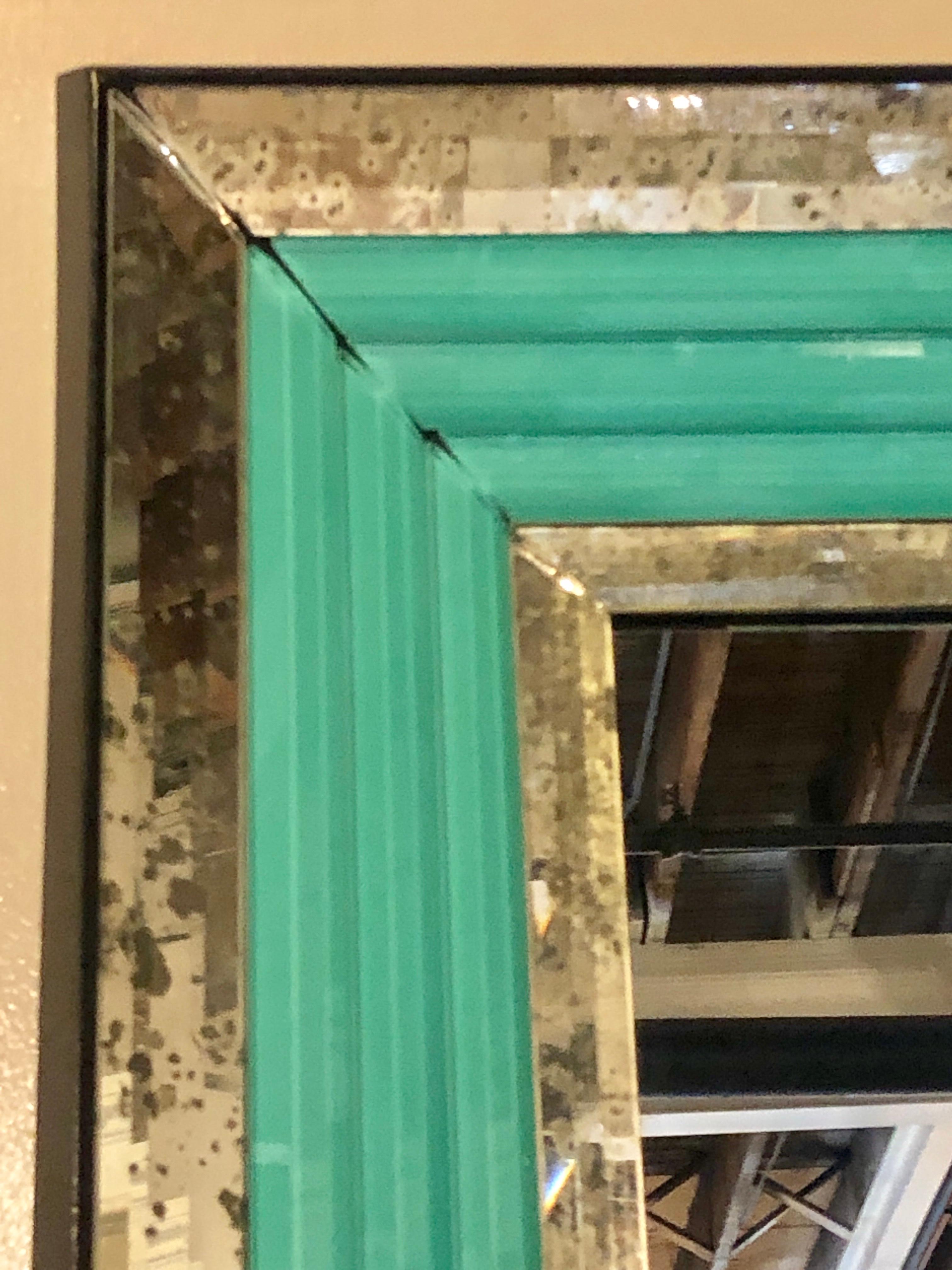 Contemporary Pair of Art Deco Wall, Console or Pier Mirrors with Turquoise Beveled Frames