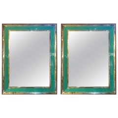 Pair of Art Deco Wall, Console or Pier Mirrors with Turquoise Beveled Frames
