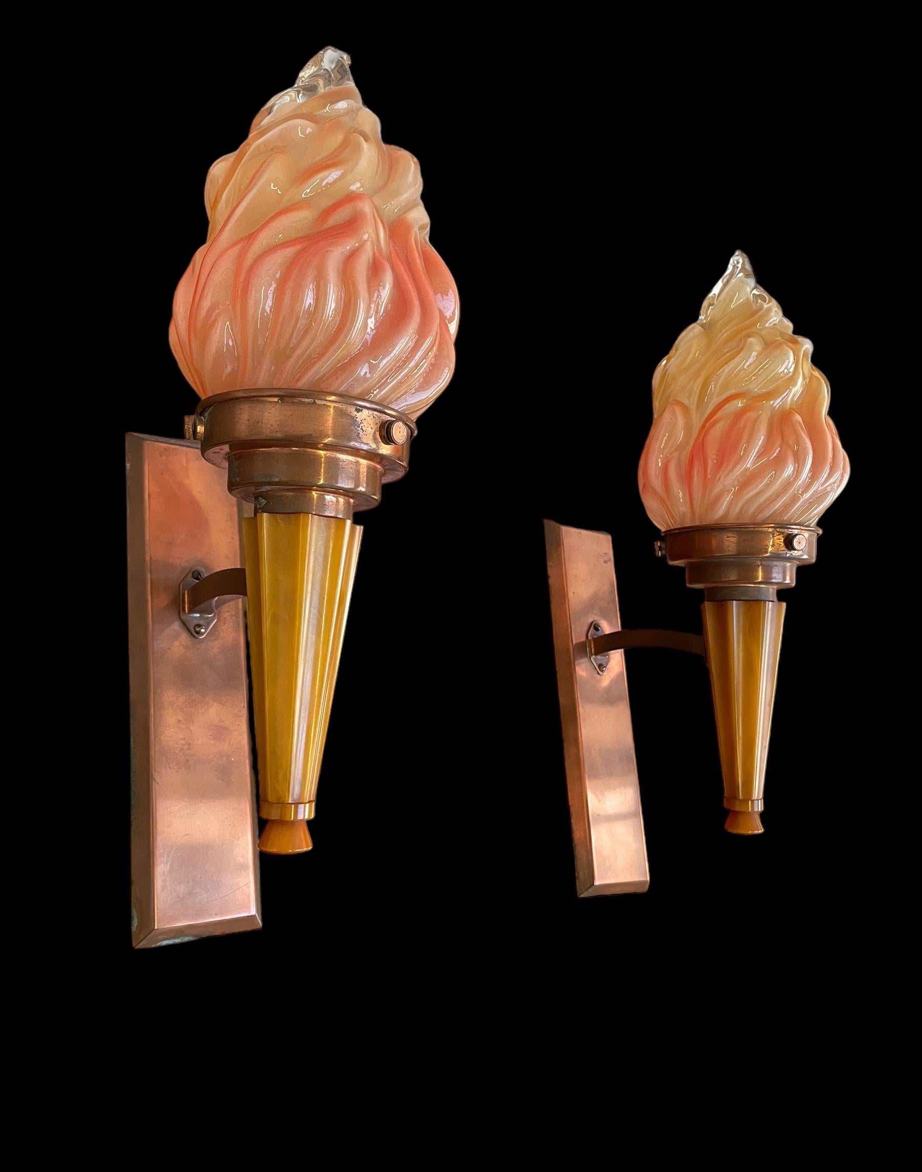 Copper Pair of Art Deco Wall Lights For Sale