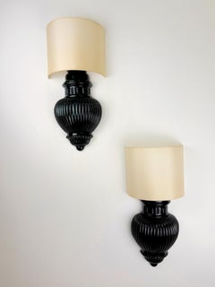 Pair of Art Deco Wall Lights with Shades in Glazed Cast Ceramic, Italy, 1970s