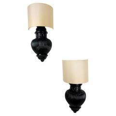 Pair of Art Deco Wall Lights with Shades in Glazed Cast Ceramic, Italy, 1970s