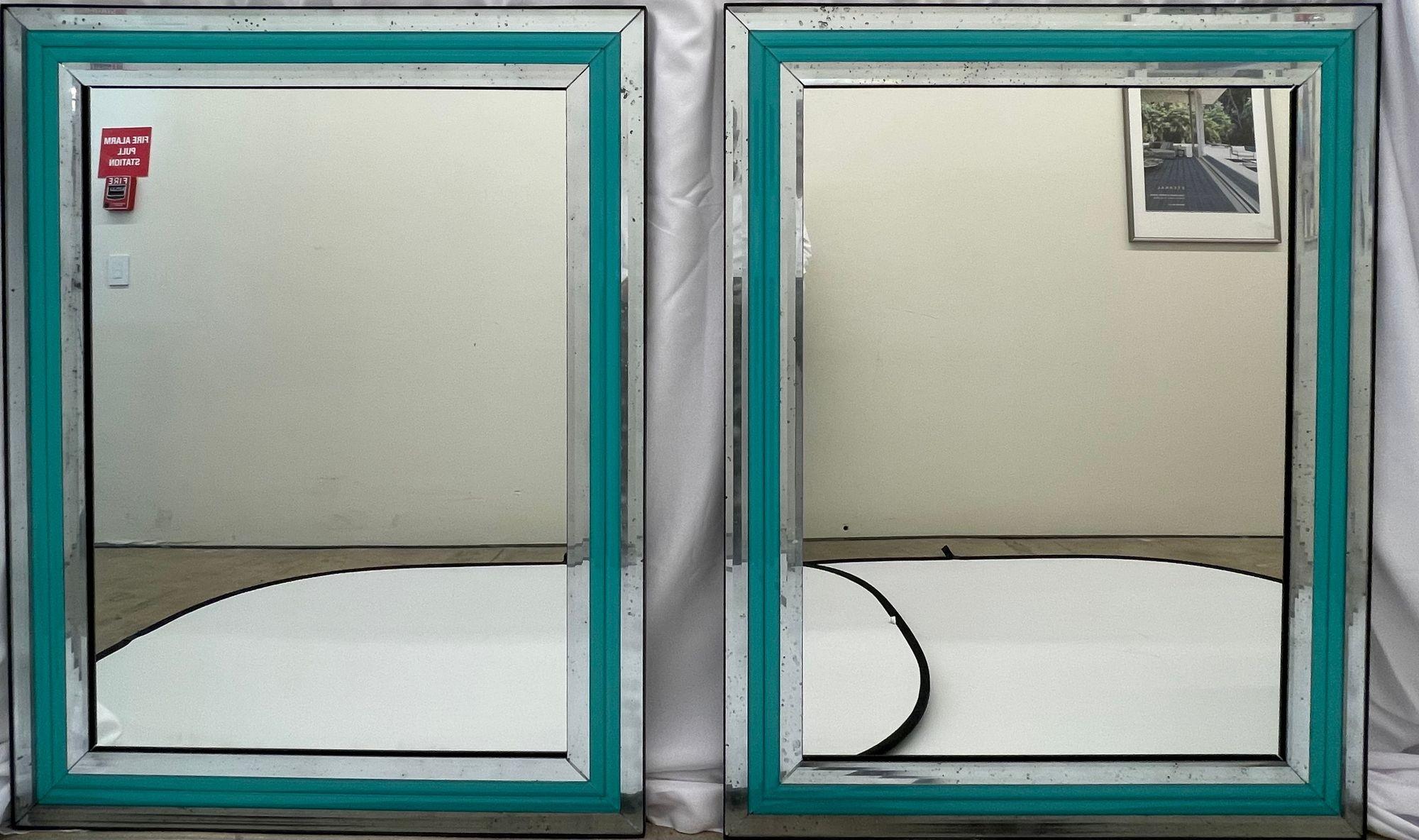 Late 20th Century Pair of Art Deco Wall, Mantle or Console Mirrors with Turquoise Beveled Frames For Sale