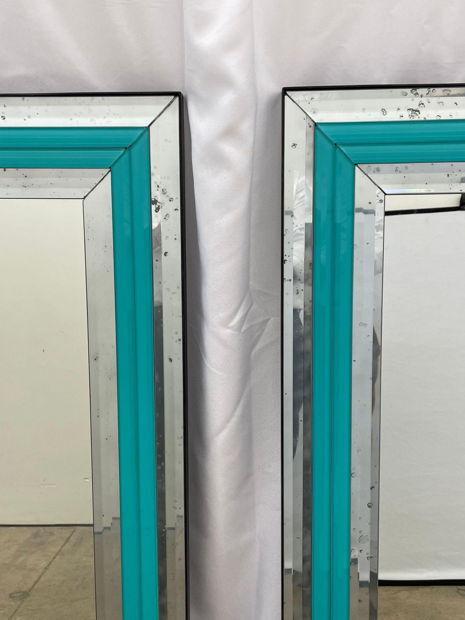 Glass Pair of Art Deco Wall, Mantle or Console Mirrors with Turquoise Beveled Frames For Sale
