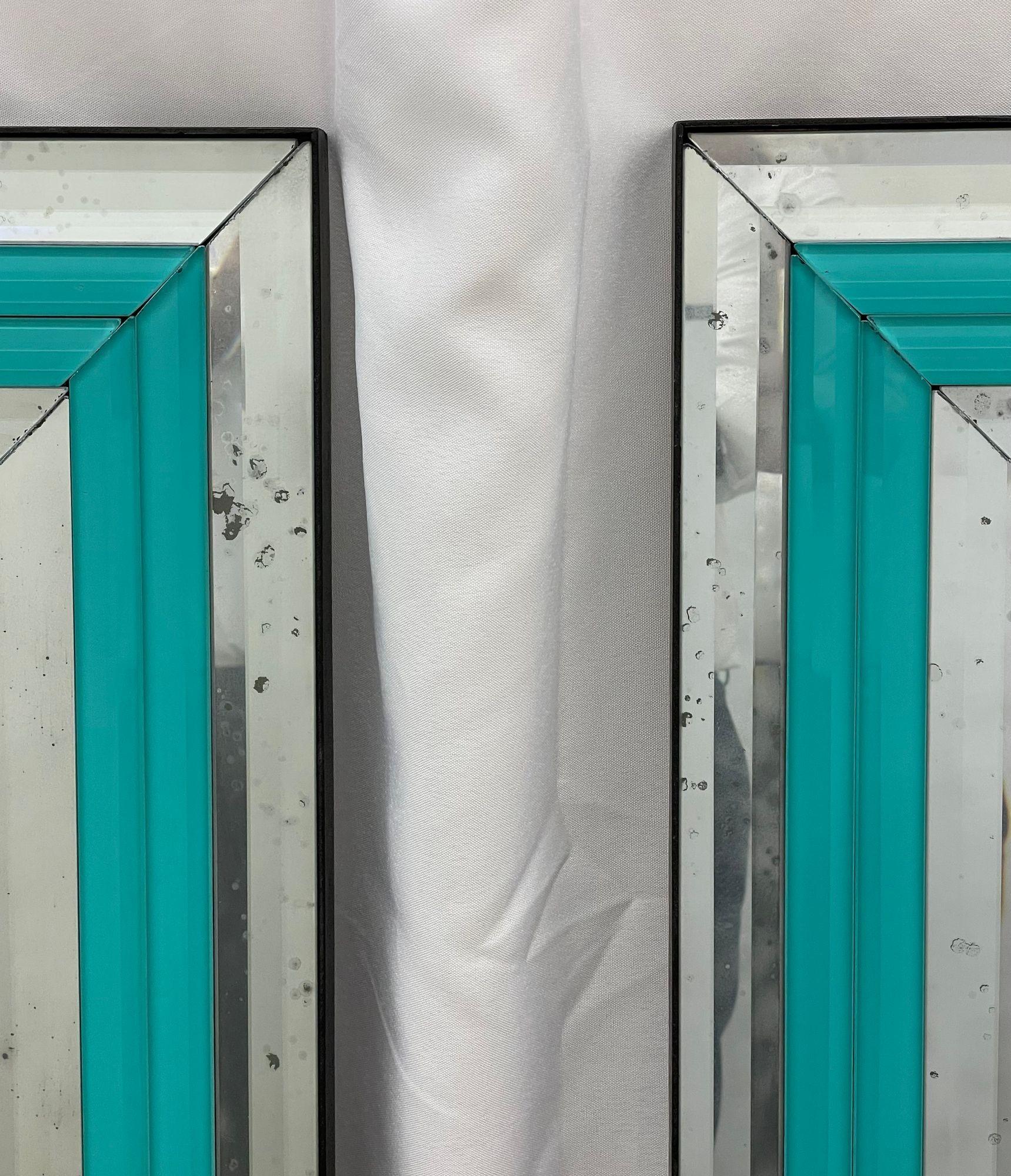 Pair of Art Deco Wall, Mantle or Console Mirrors with Turquoise Beveled Frames For Sale 1