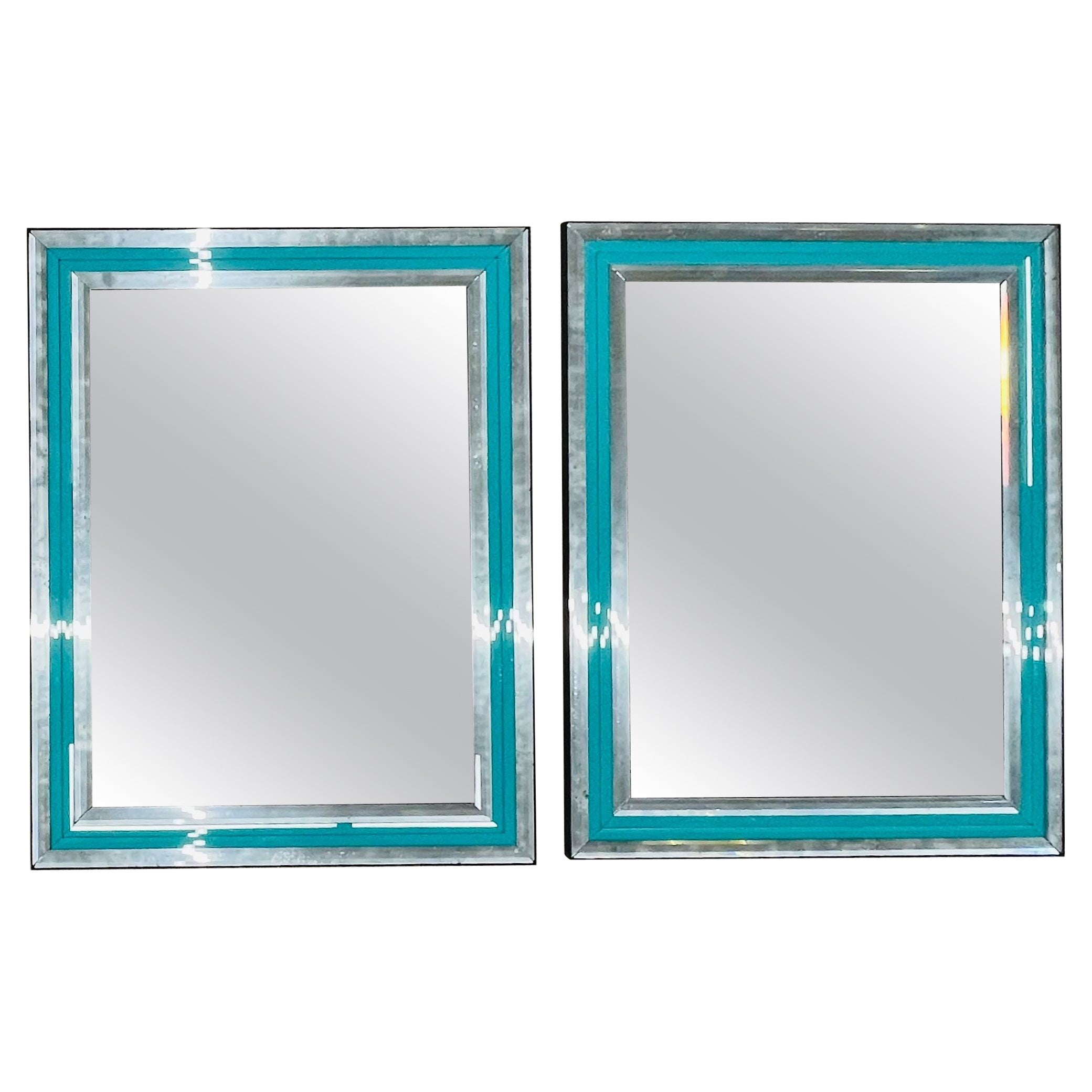 Pair of Art Deco Wall, Mantle or Console Mirrors with Turquoise Beveled Frames