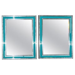 Pair of Art Deco Wall, Mantle or Console Mirrors with Turquoise Beveled Frames