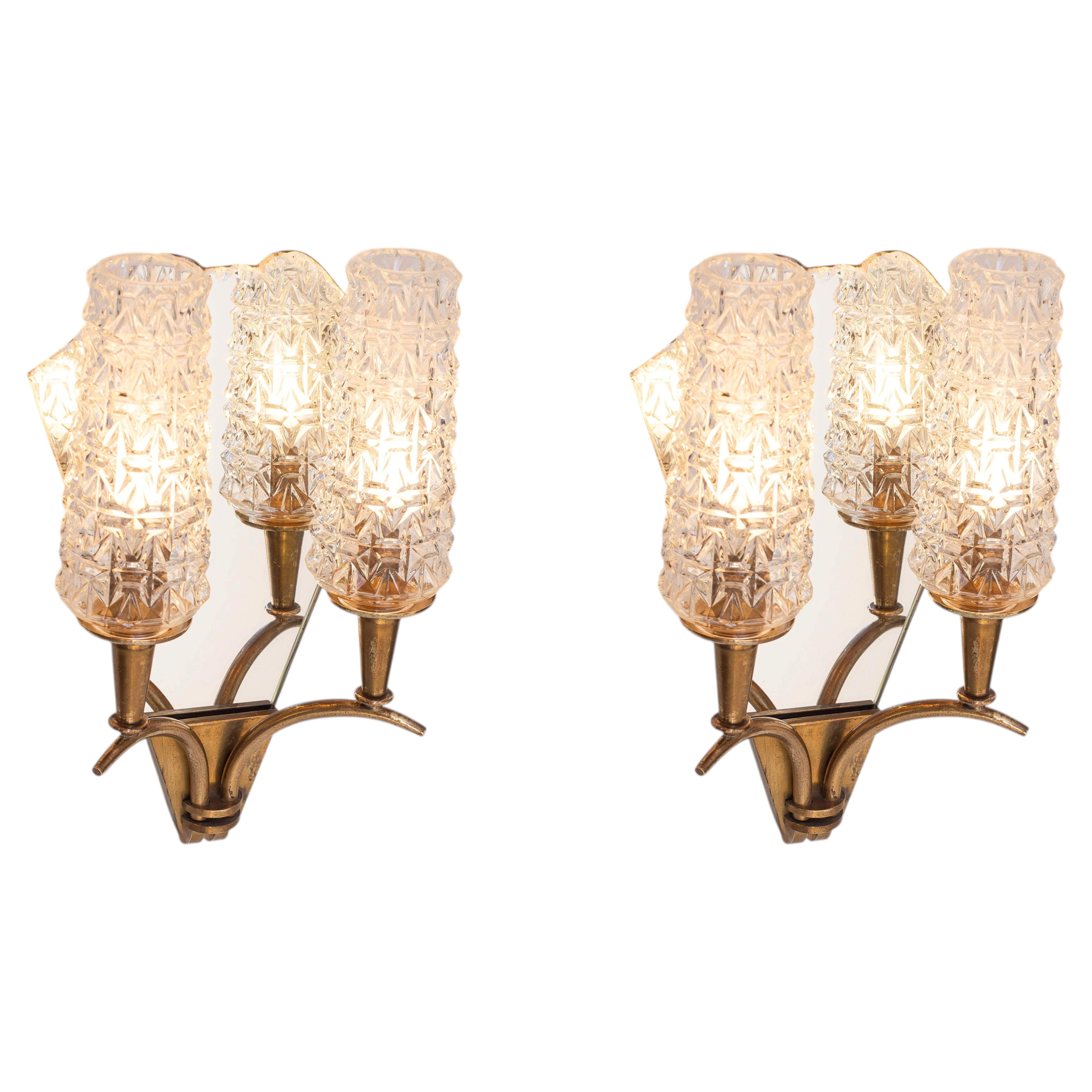 Pair of Art Deco Wall Sconces - Bronze, Brass, Mirror & Glass - France 1930s